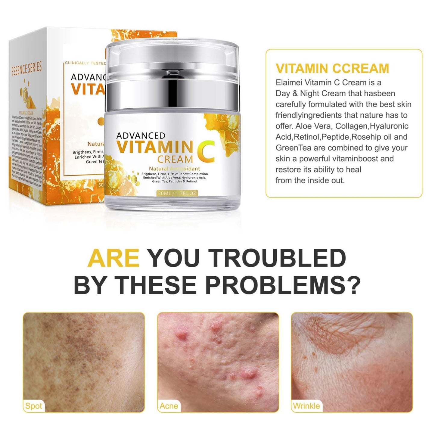 LAIKME Vitamin C Cream, Vitamin C Face Cream With Nicotinamide & Hyaluronic Acid, Vitamin C Moisturizer For Face, Anti Aging Vitamin C Face Cream For Reduces Wrinkle, Fine Lines & Tightening Skin
