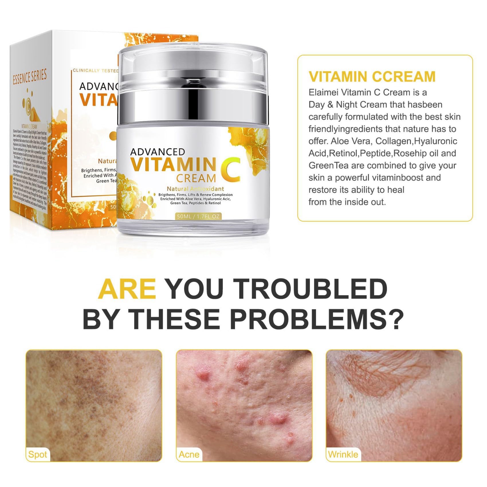 LAIKME Vitamin C Cream, Vitamin C Face Cream With Nicotinamide & Hyaluronic Acid, Vitamin C Moisturizer For Face, Anti Aging Vitamin C Face Cream For Reduces Wrinkle, Fine Lines & Tightening Skin