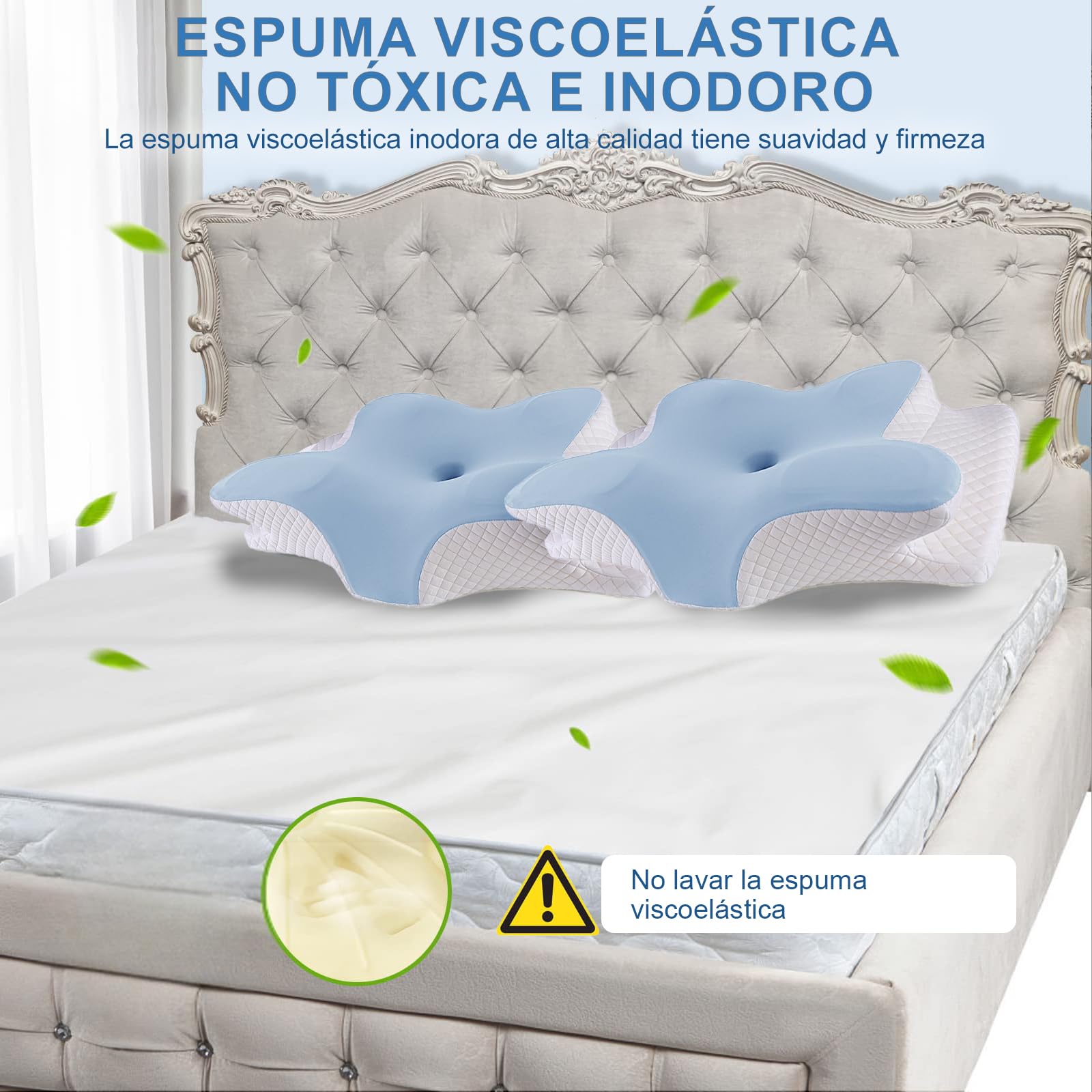 JeeLeeko Almohada Cervical de Espuma con Memoria 2en1 Almohada Ortopédica Ergonómica para Dolor de Cuello y Soporte Contorneado para Dormir de Lado, Espalda o Estómago (Embalaje Normal, Azul)