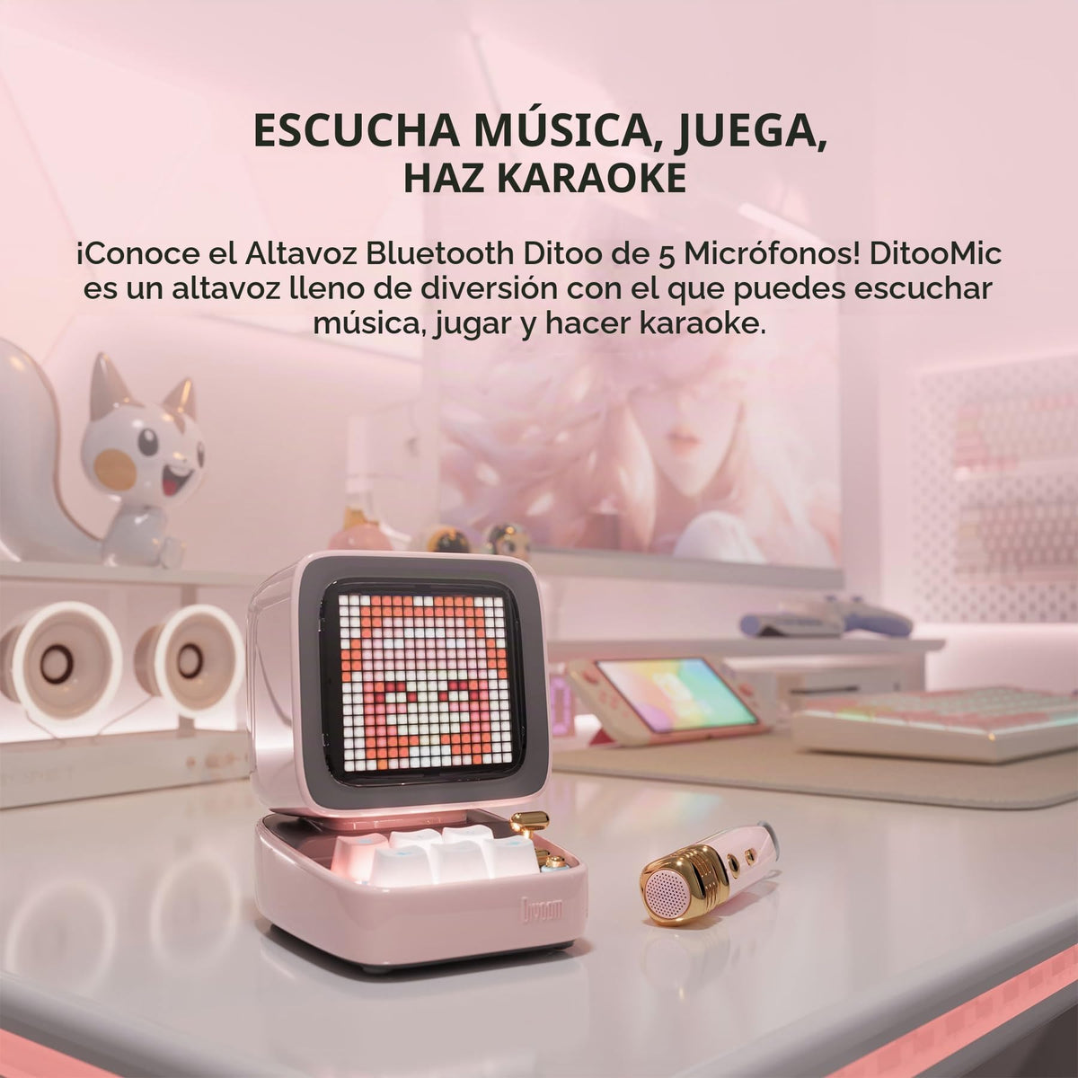 Micrófono con Altavoz Bluetooth Divoom DitooMic Rosa con función Karaoke