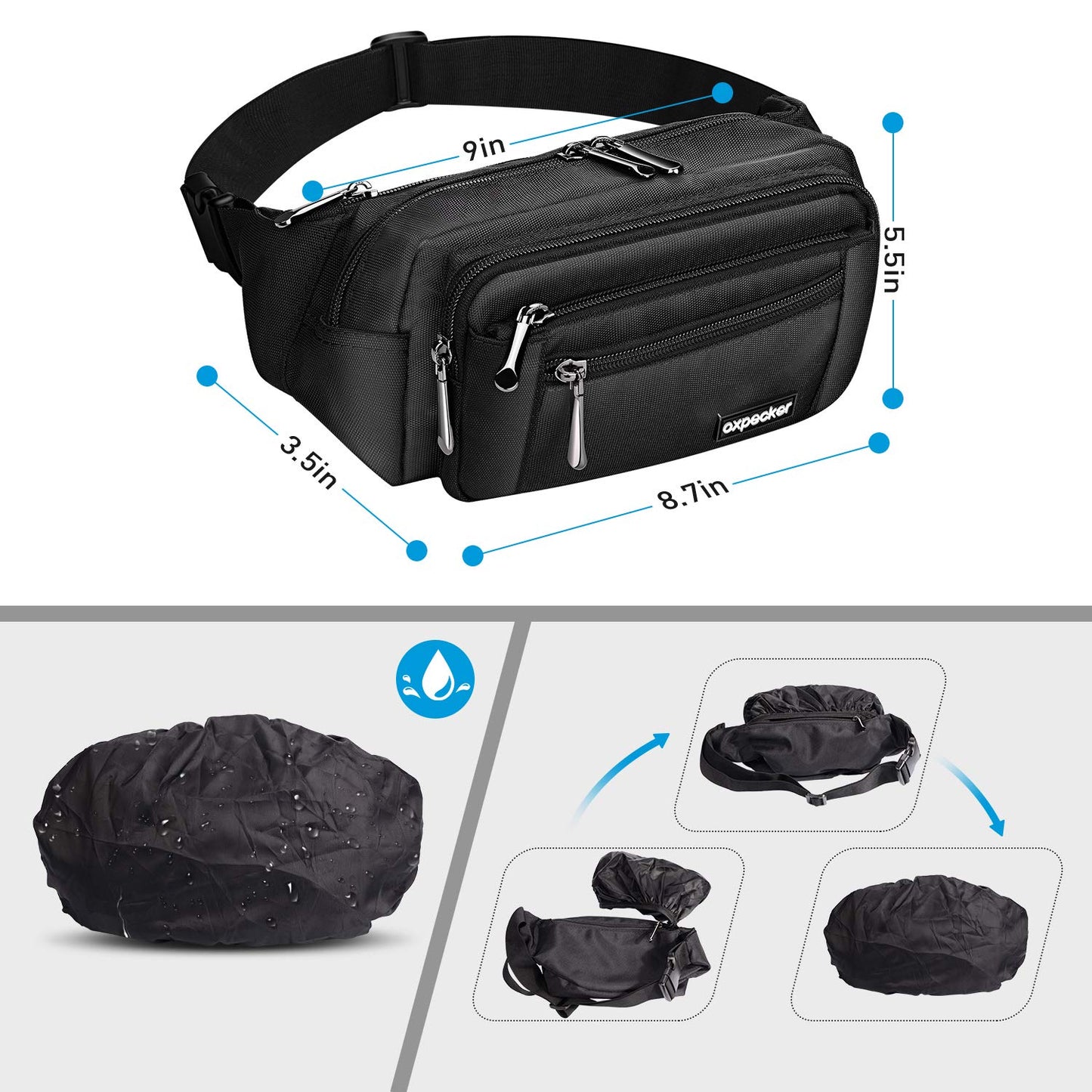Riñonera Oxpecker Negro impermeable con Correa Ajustable para Hombres y Mujeres