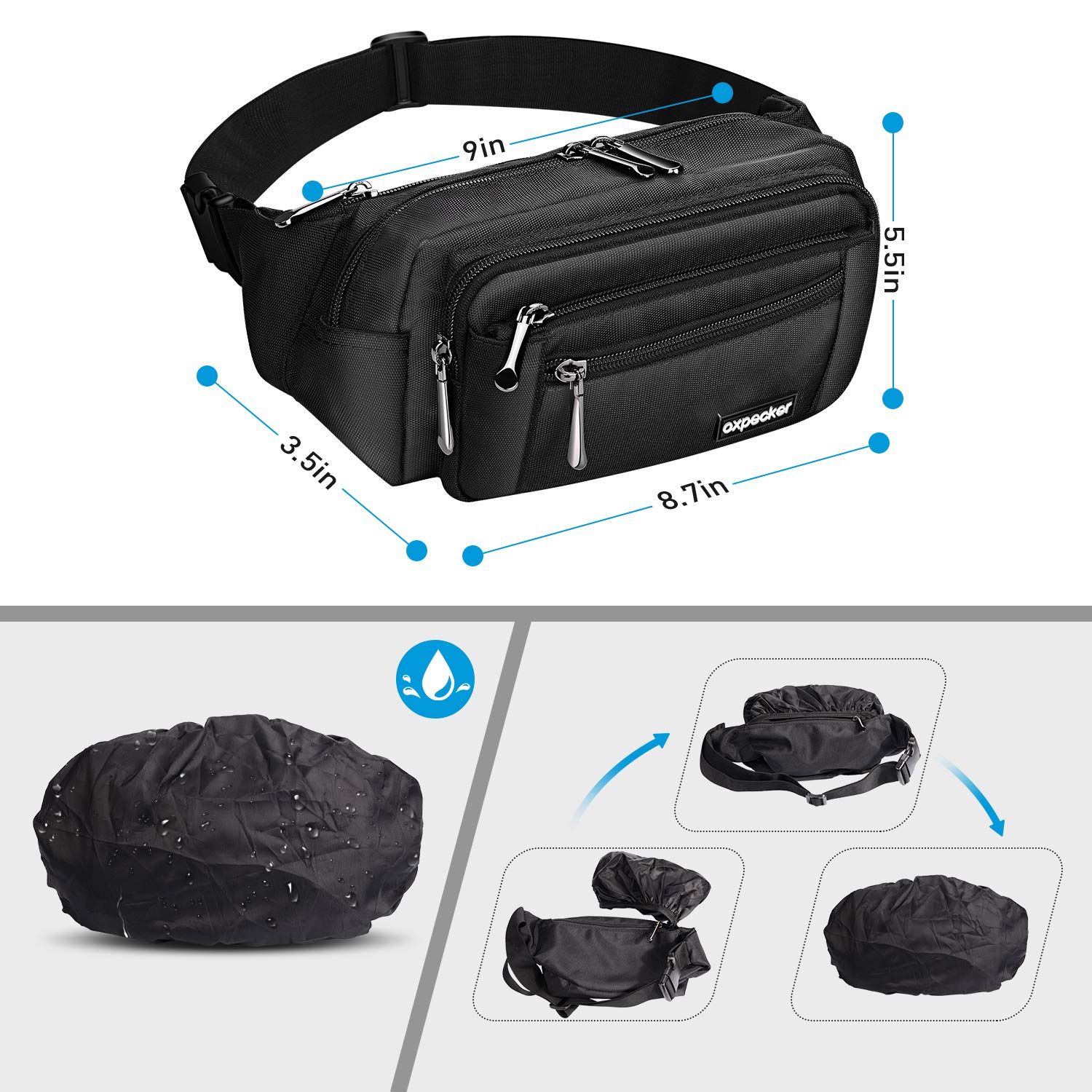 Riñonera Oxpecker Negro impermeable con Correa Ajustable para Hombres y Mujeres