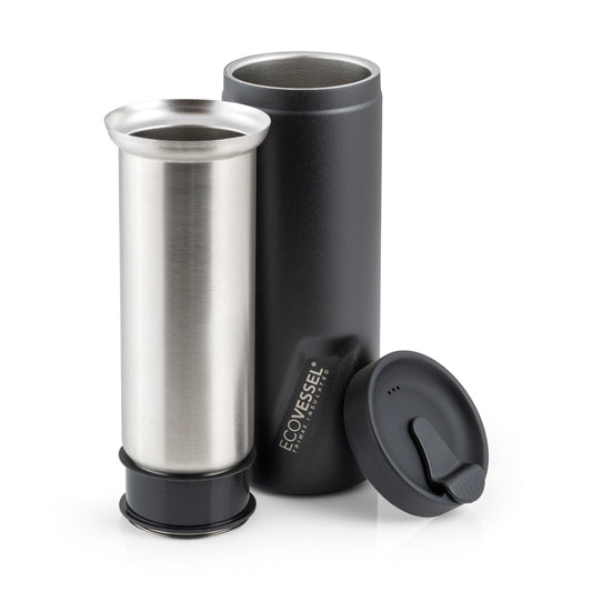 EcoVessel - Prensa francesa portátil, cafetera de viaje, aislada, acero inoxidable, botella reutilizable, 14 onzas (negro)