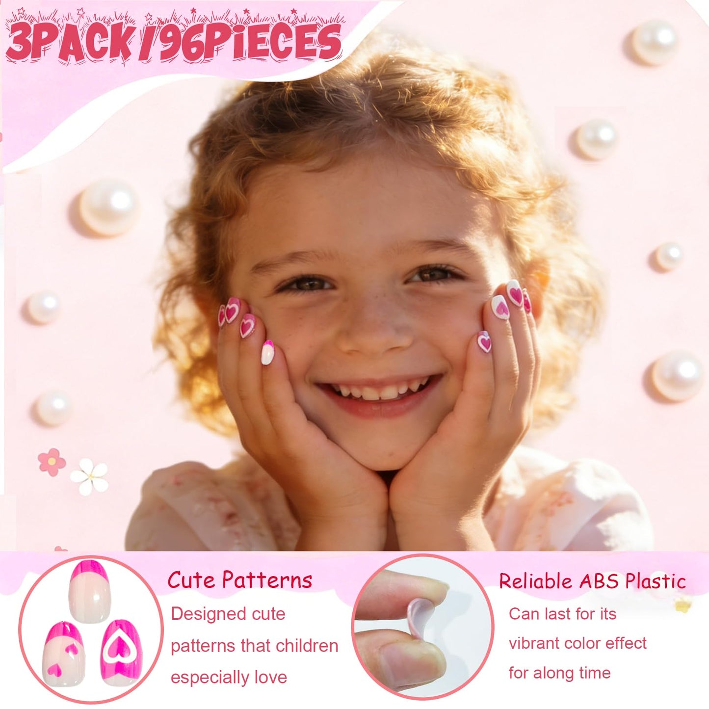 OPkssnails 96 uñas postizas para niños, 3 paquetes de uñas postizas rosas con forma de corazón para niñas adolescentes de 8 a 12 años, uñas postizas ovaladas cortas con lima pulidora, 16 tamaños.