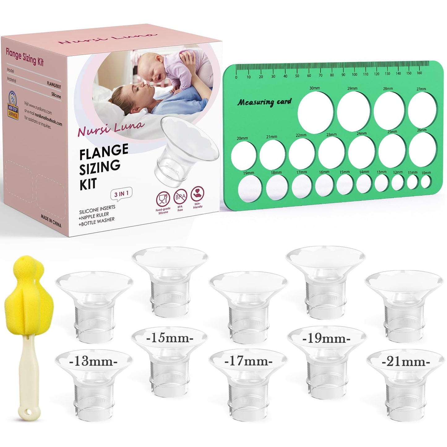 Nursi Luna - Kit de tamaño de brida 3 en 1 con 10 insertos de brida de 13/15/17/19/21 mm, kit de inserción de bridas de silicona para brida o escudo de 24 mm, kit esencial de bombeo para madres