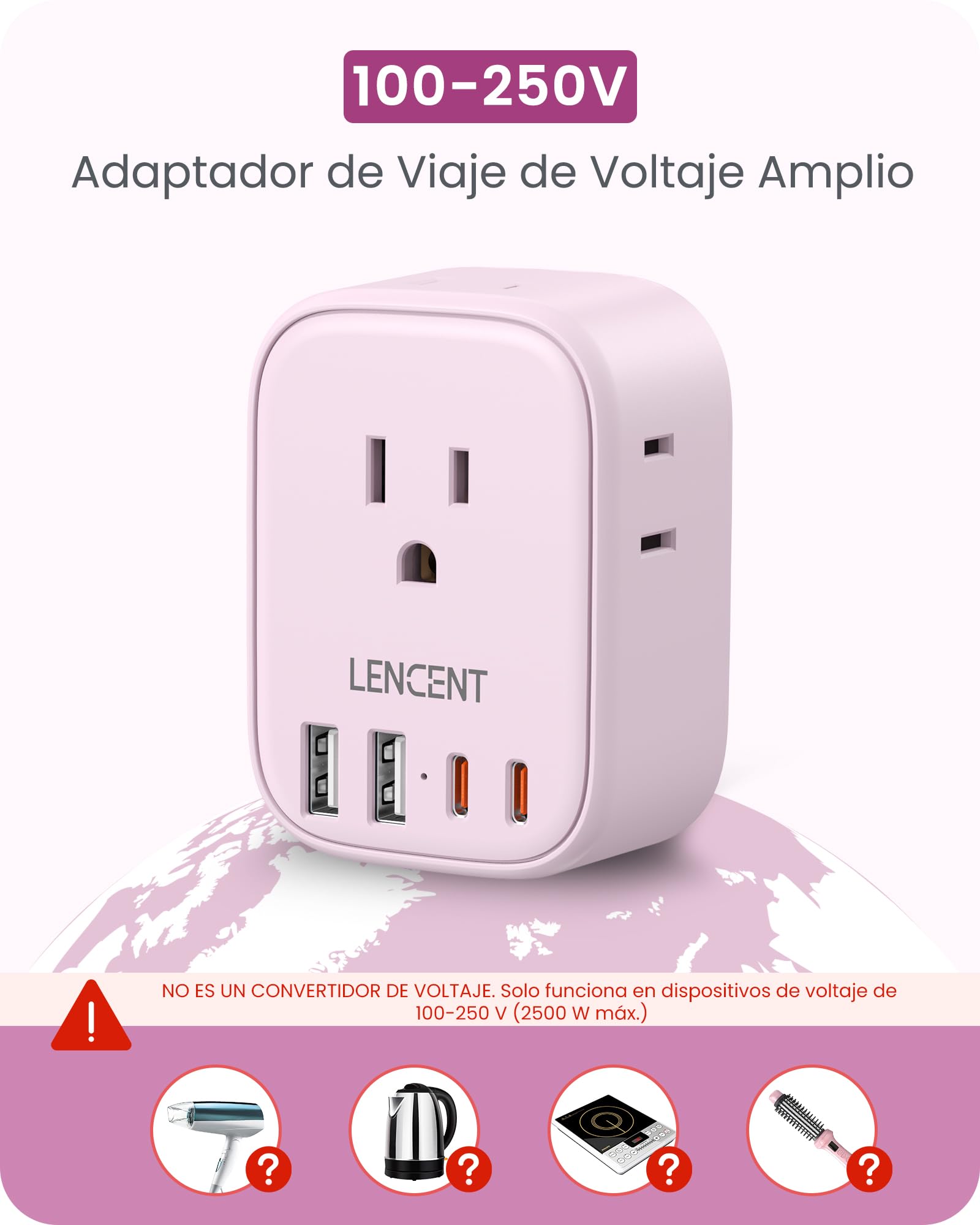 LENCENT Adaptador Europeo Plegable, Adaptador de Corriente con 4 Salidas y 4 Puertos USB (2USB C), Cargador Americano a Europeo para Alemania, España, Italia, Francia, Apto para Cruceros, Rosado