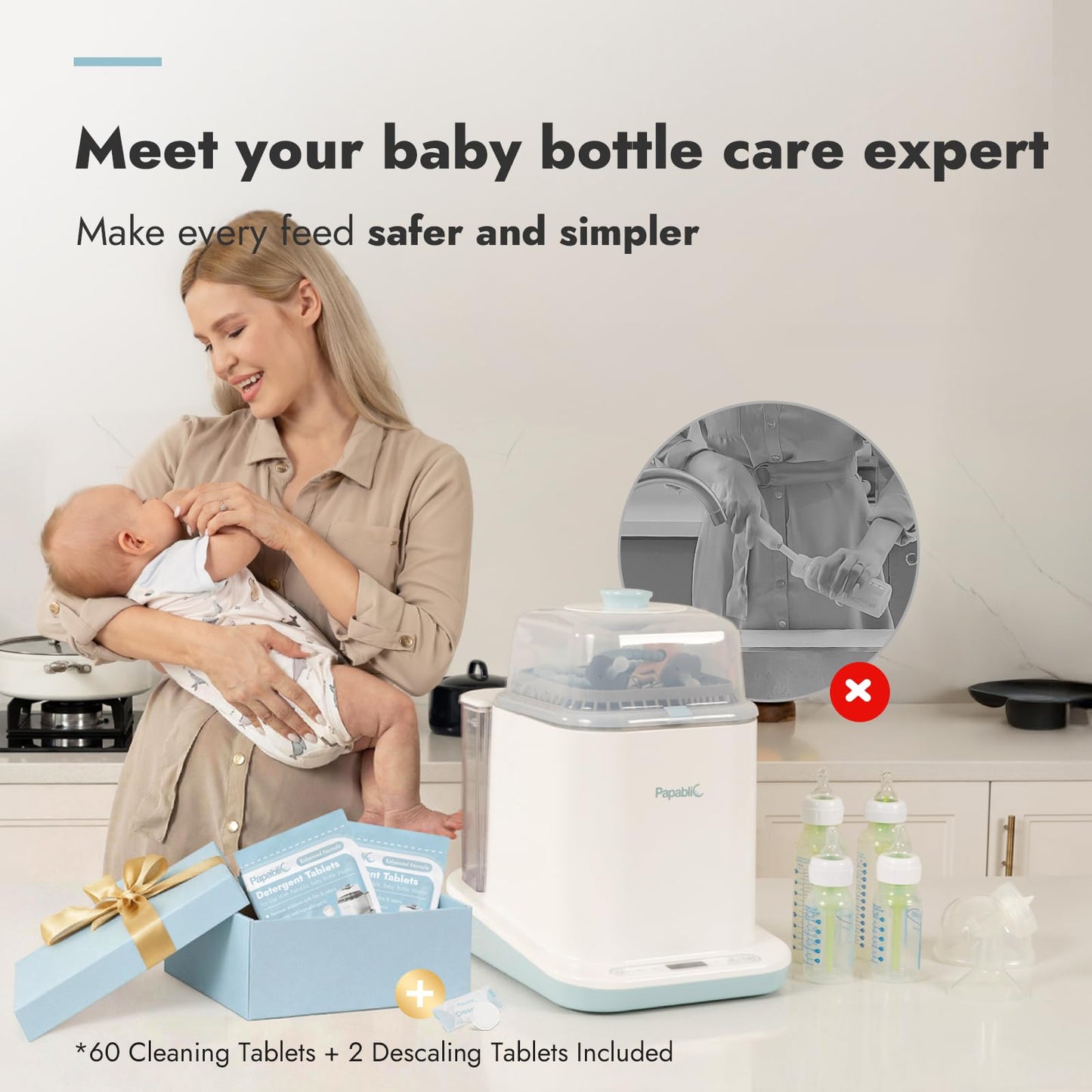 Papablic Lavadora de biberones Pro, esterilizadora y secadora de biberones, 4 en 1, desinfectante para biberones, piezas de extractor, artículos esenciales para cesáreas y bebés. Limpieza rápida con 6