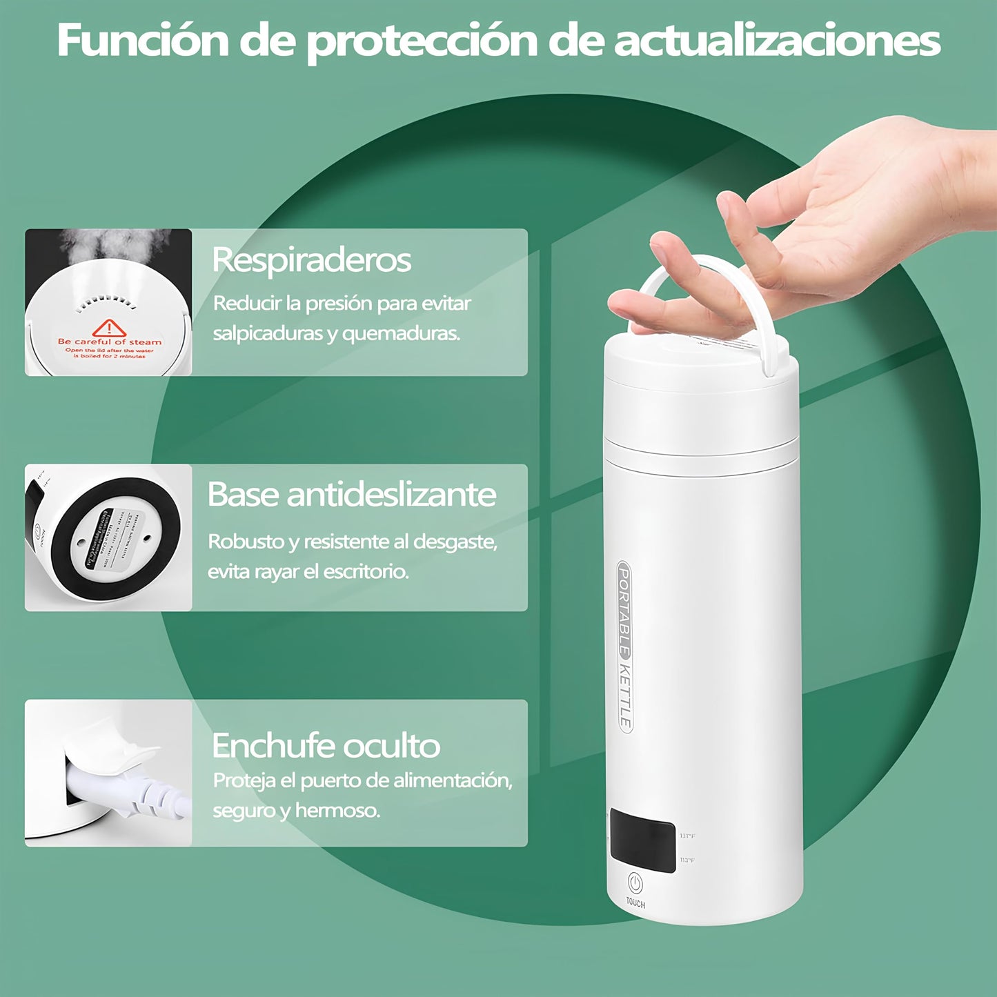 Hervidor de Agua Electrico Portatil,500ML Termo Electrico,Control de Temperatura NTC y Protección contra quemaduras en seco,Adecuado para viajes, oficina, camping, preparación de té y café.