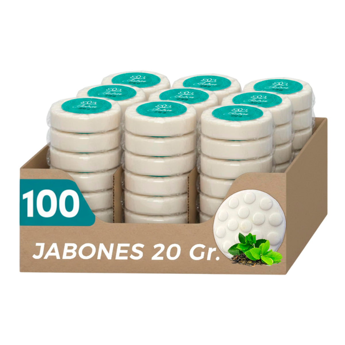 Caja de Jabón Corporal de 20g Con 100 Piezas, Mini Jabones Redondos Relajantes, Ideal Para Hoteles, Airbnb, Posadas, Hospitales, Spa, Jabon de Baño, Jabón Corporal Ecospa (Té Verde)