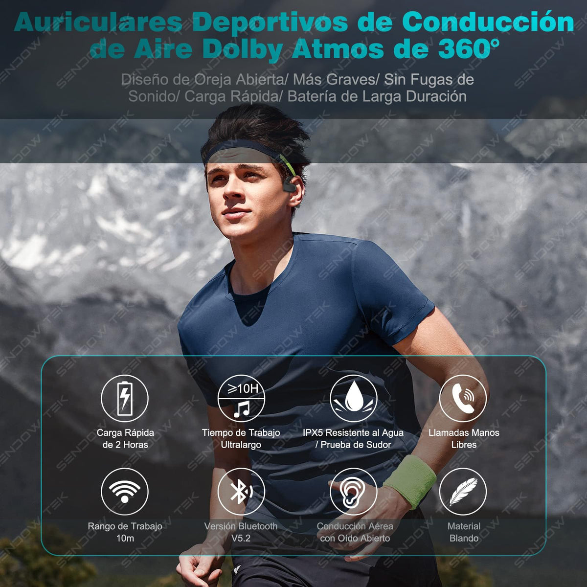 Auriculares Inalámbricos Sendowtek Negro de Conducción de Aire Impermeables IPX5 para Deportes
