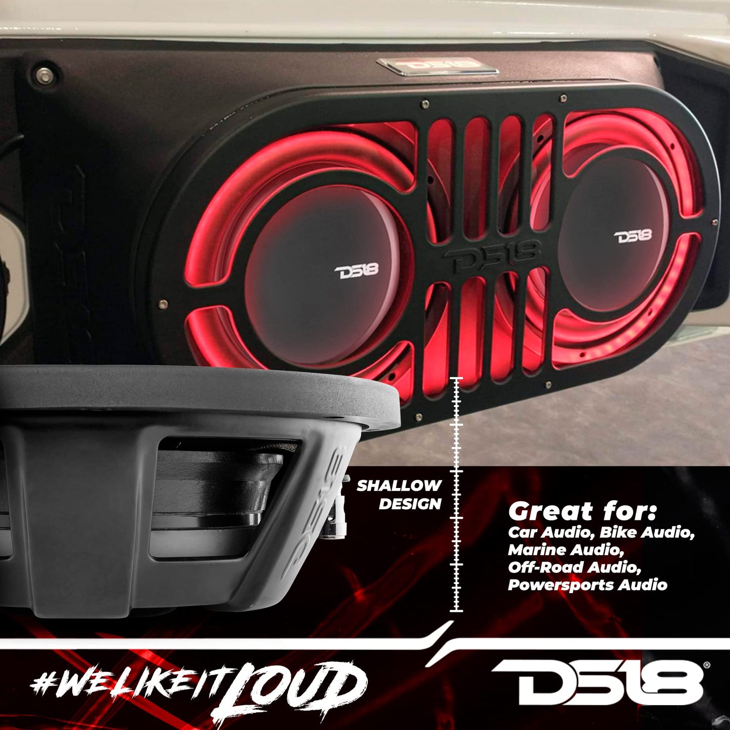 DS18 PSW10.2D - Subwoofer de montaje poco profundo de 10 pulgadas, 1000 vatios, potencia máxima de 500 vatios, bobina de voz dual RMS 2+2 OHMS resistente al agua, el mejor sub para espacios reducidos en coches y camiones - 1 altavoz