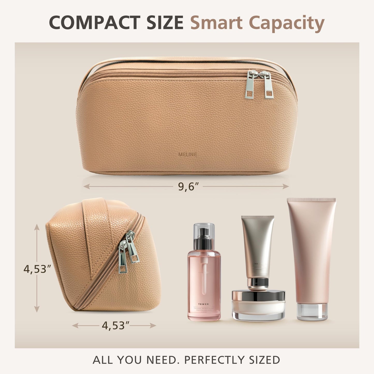 MELINE - Bolsa de maquillaje de viaje - Organizador de cosméticos y artículos de cambiador de gran capacidad con divisor y asa, diseño plano impermeable, bolsa portátil para mujer, gris topo, Bolsa de