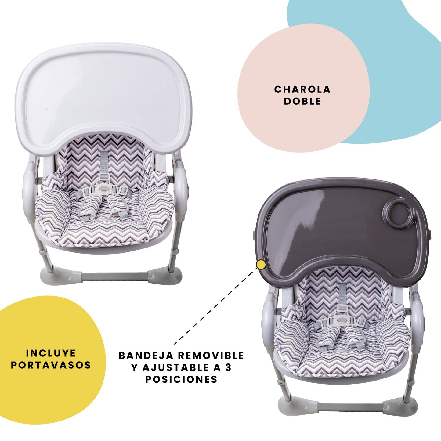 Safety 1st Silla Alta Periquera Tavola, Zig Zag, 7 posiciones de altura, 3 de reclinación, reposapiés ajustable, doble charola, plegado compacto.