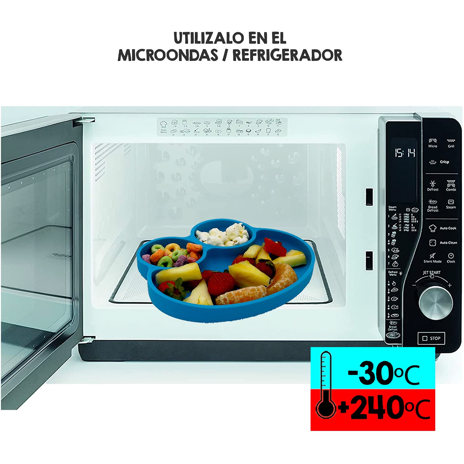 BBERIZOS Plato Antideslizante de Silicon, Cuchara Suave Encías para Bebé, Set Alimentación Complementaria de Silicona, Platos para Bebé con Divisiones, Vajilla para Niños Grado Alimenticio, Charola Silicon Alimentos Sólidos y BLW (Azul)
