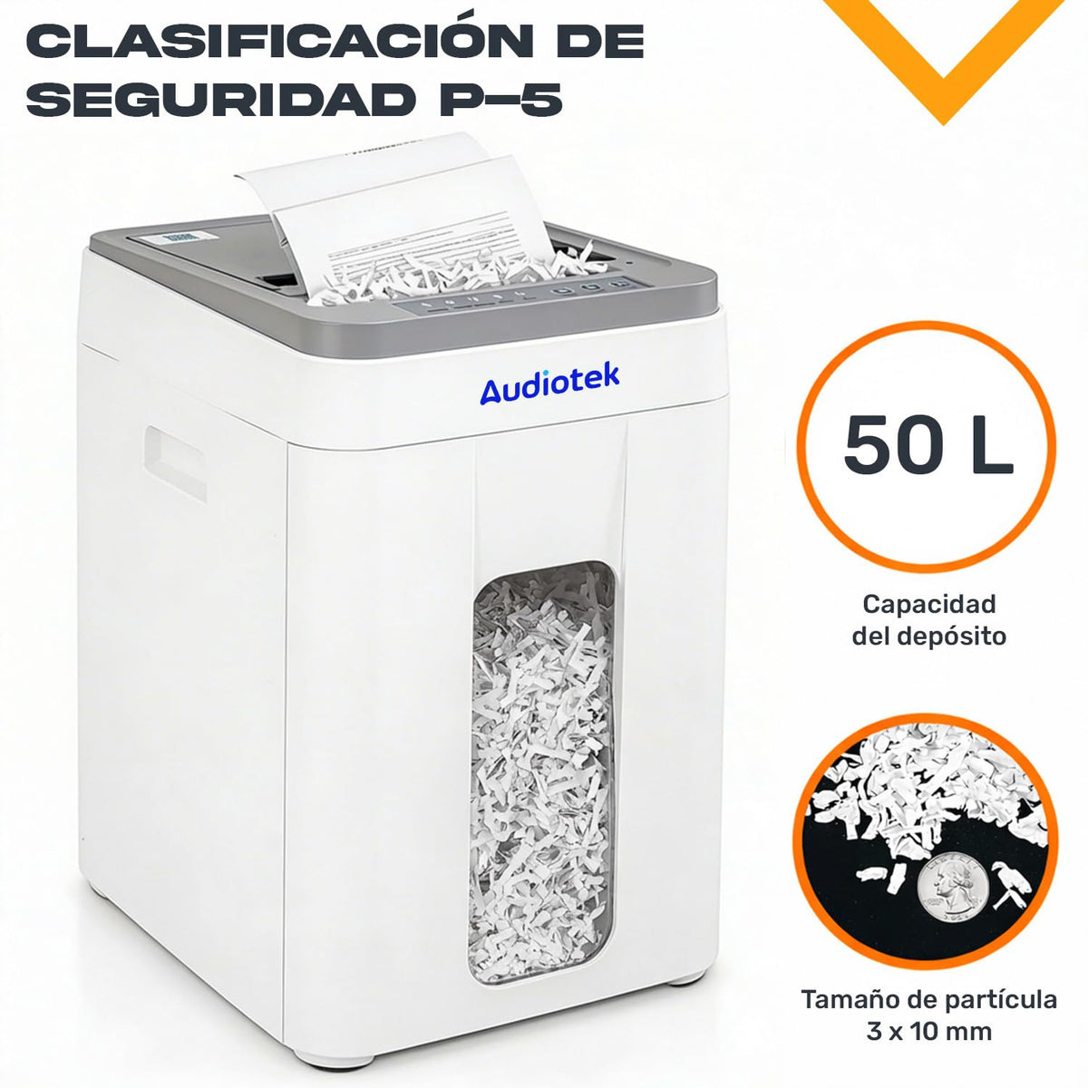 Trituradora de Papel AUDIOTEK Alta Seguridad Profesional Negra para Oficina y Negocio