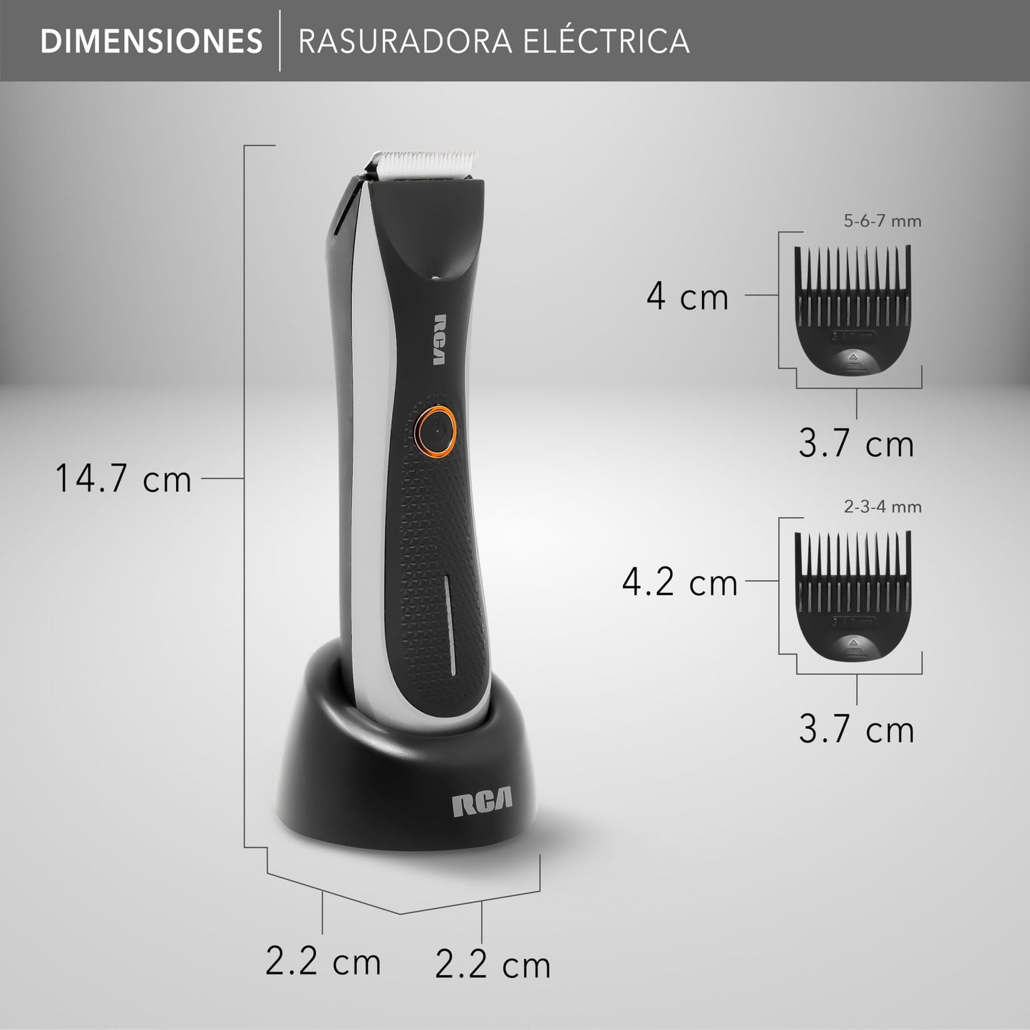 RCA Rasuradora Eléctrica RC-TR1 con Cuchillas de Cerámica, Afeitado Suave y Preciso para Barba, Cabello y Cuerpo, Resistente al Agua, Luz LED, 2 Velocidades, Peines 2–7 mm, Carga USB