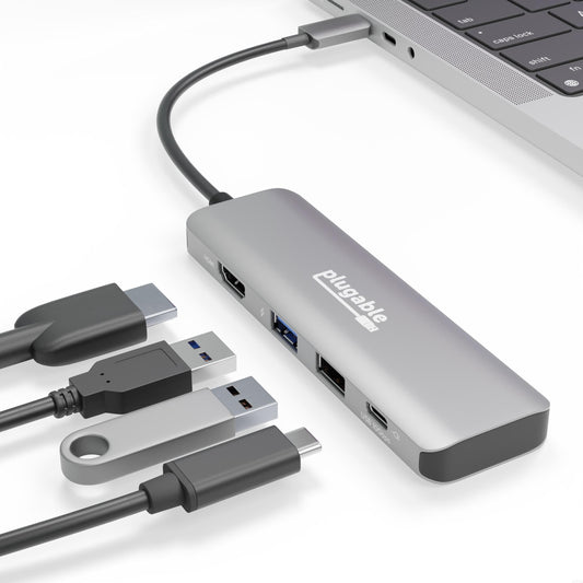 Adaptador Multipuerto USB C Plugable 100W Carga de Paso HDMI 4K 60Hz para Windows, Mac, iPad Pro y Chromebook