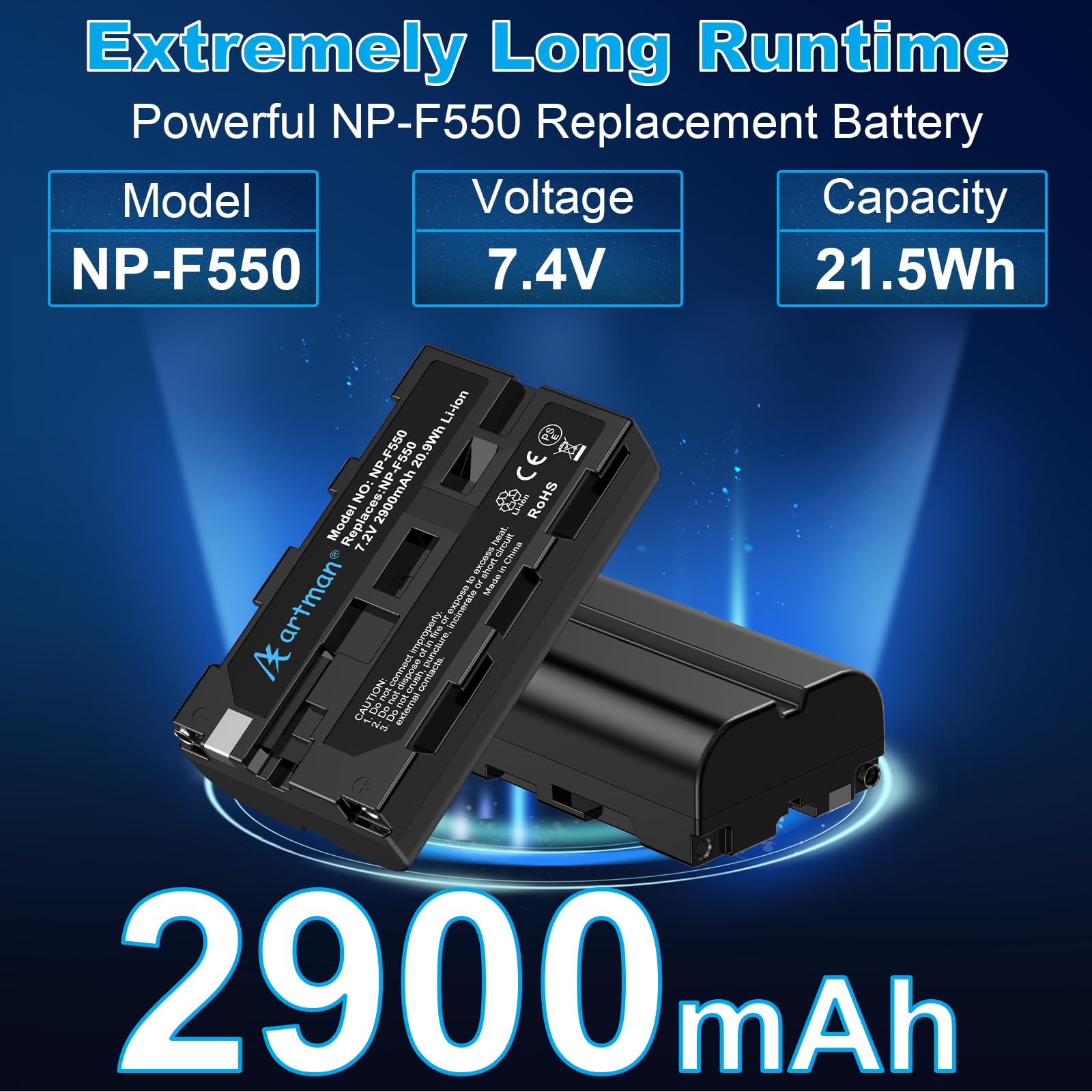 Artman Batería NP-F550 Cargador Dual LCD Mejorado Compatible con Sony NP-F530 F570 F330 F970 F960 F750 F770 CCD-SC55 TR516 TR716 TR818 TR910 (Paquete de 2, 2900mAh)