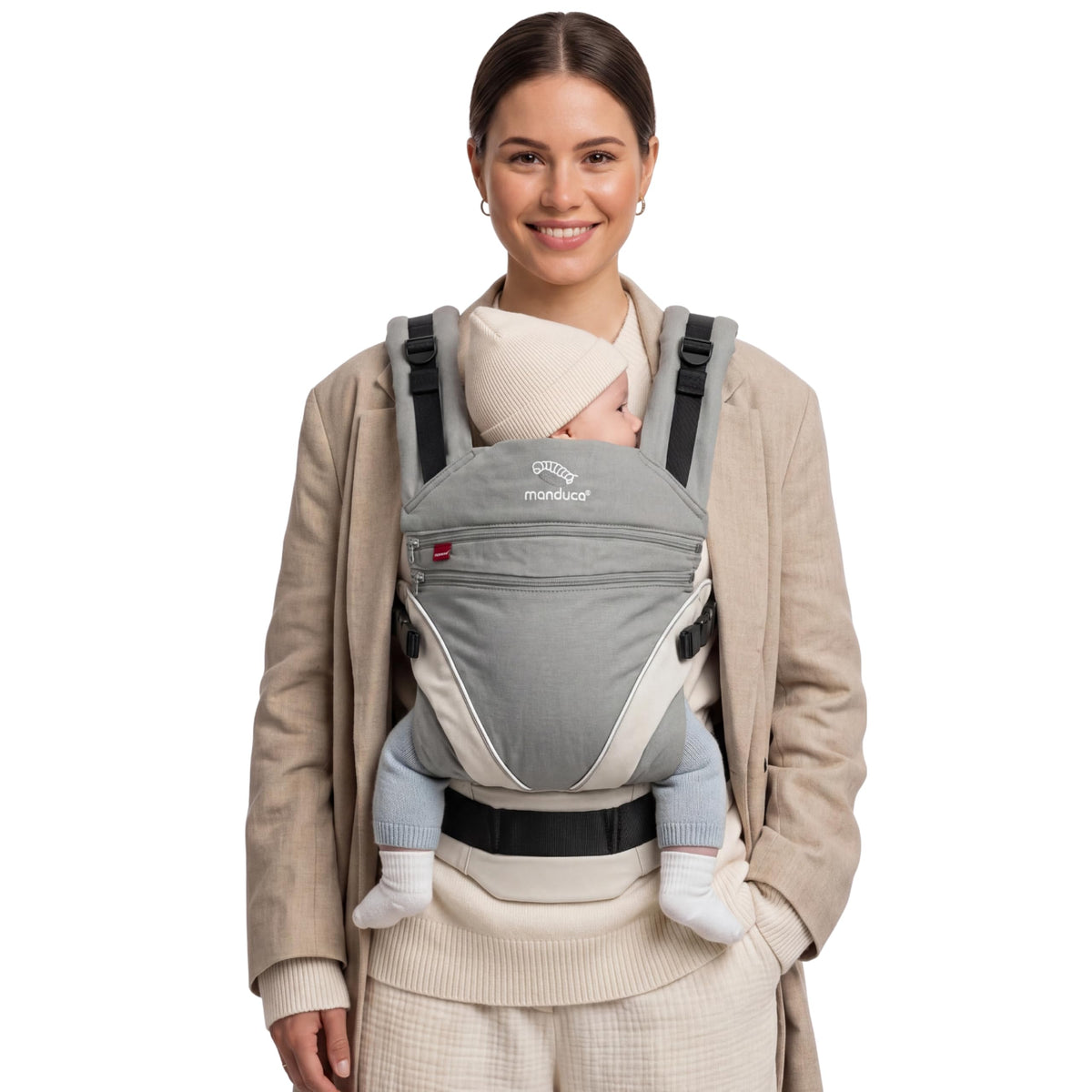 Manduca XT, portabebés con asiento ajustable, 3 posiciones de transporte (delantero, cadera y espalda), algodón orgánico, crece con tu bebé (3,5-20 kg), Grey-white, XT Cotton