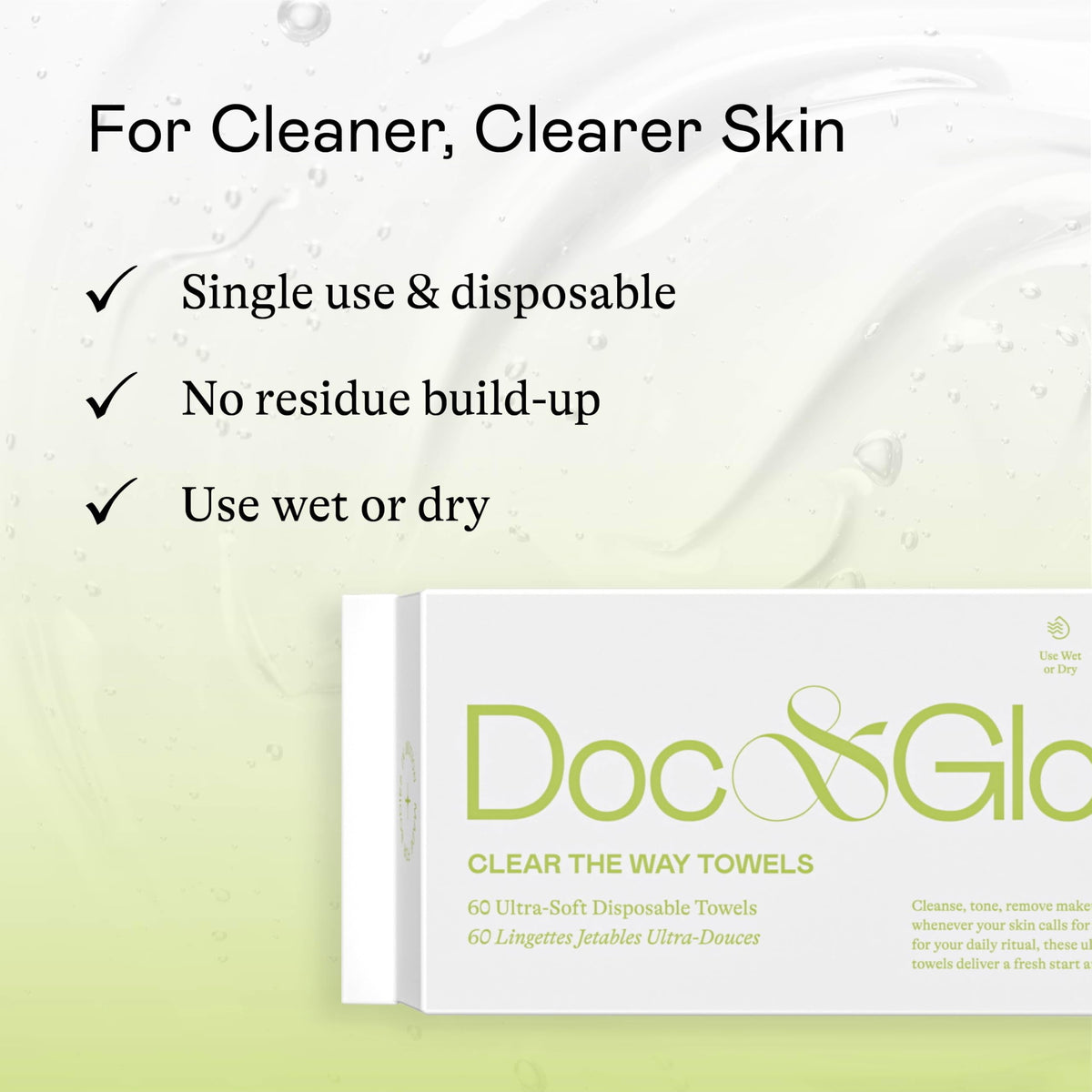 Doc & Glo Toallitas faciales desechables Clear The Way, toallas faciales de fibra vegetal para lavar el rostro y desmaquillar, cuidado de la piel sin fragancia, imprescindibles para viajar, 60 unidade