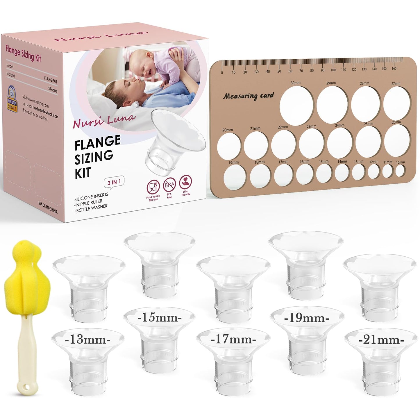 Nursi Luna - Kit de tamaño de brida 3 en 1 con 13/15/17/19/21 mm para bridas de bomba de leche eléctrica de 24 mm, 10 piezas de inserciones de brida de silicona suave para un bombeo más cómodo, sin
