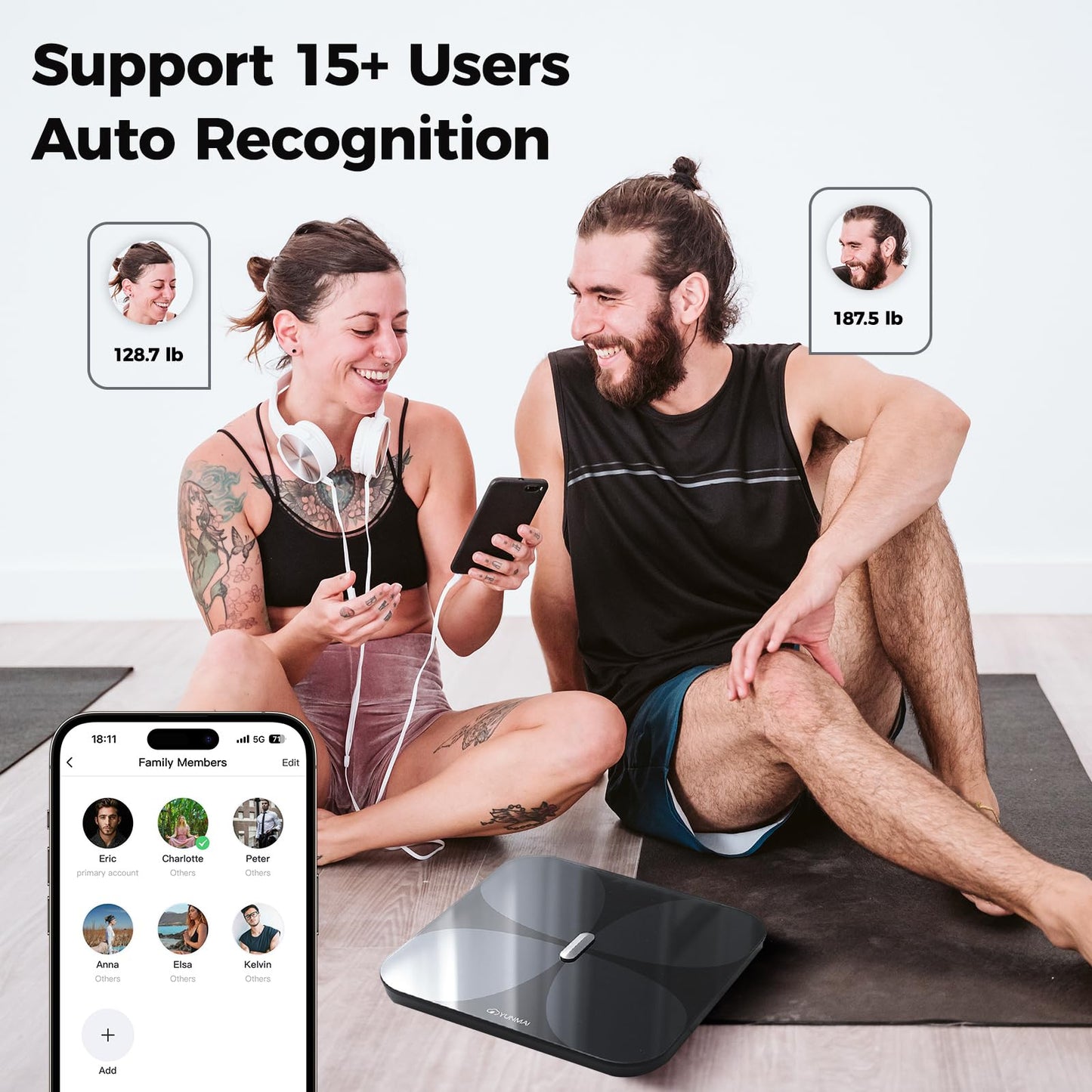 Báscula Inteligente Yunmai para Peso Corporal, Báscula Digital de Baño con IMC, Grasa Corporal, Masa Muscular, Bluetooth, Analizador de 13 Composiciones, Compatible con Apple Health, Recargable 400lb