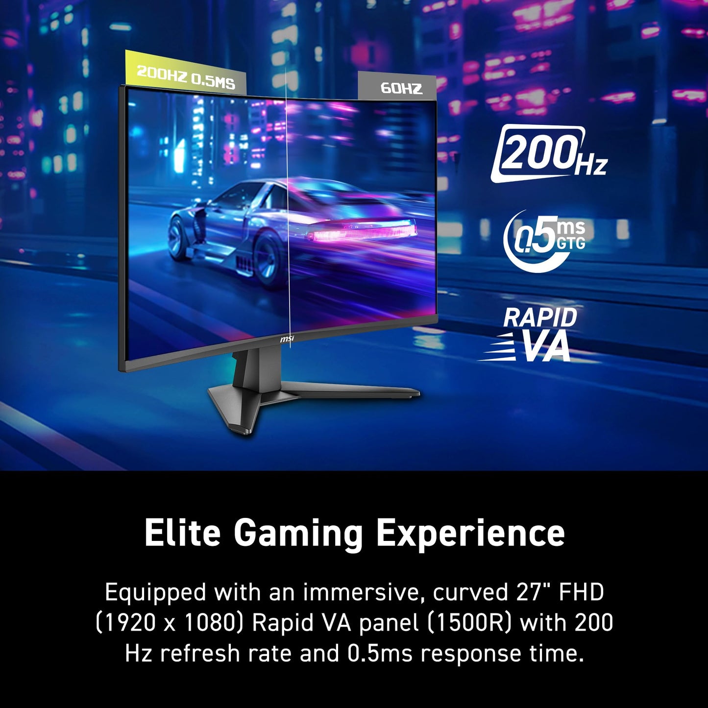 MSI mag 276CF E20 27-Inch 1920 x 1080 (FHD) Gaming Monitor, 200Hz, Adaptive-Synch, HDMI, DisplayPort, VESA Mountable, Tilt, Height Adjustable, Speaker, 0.5ms, Black