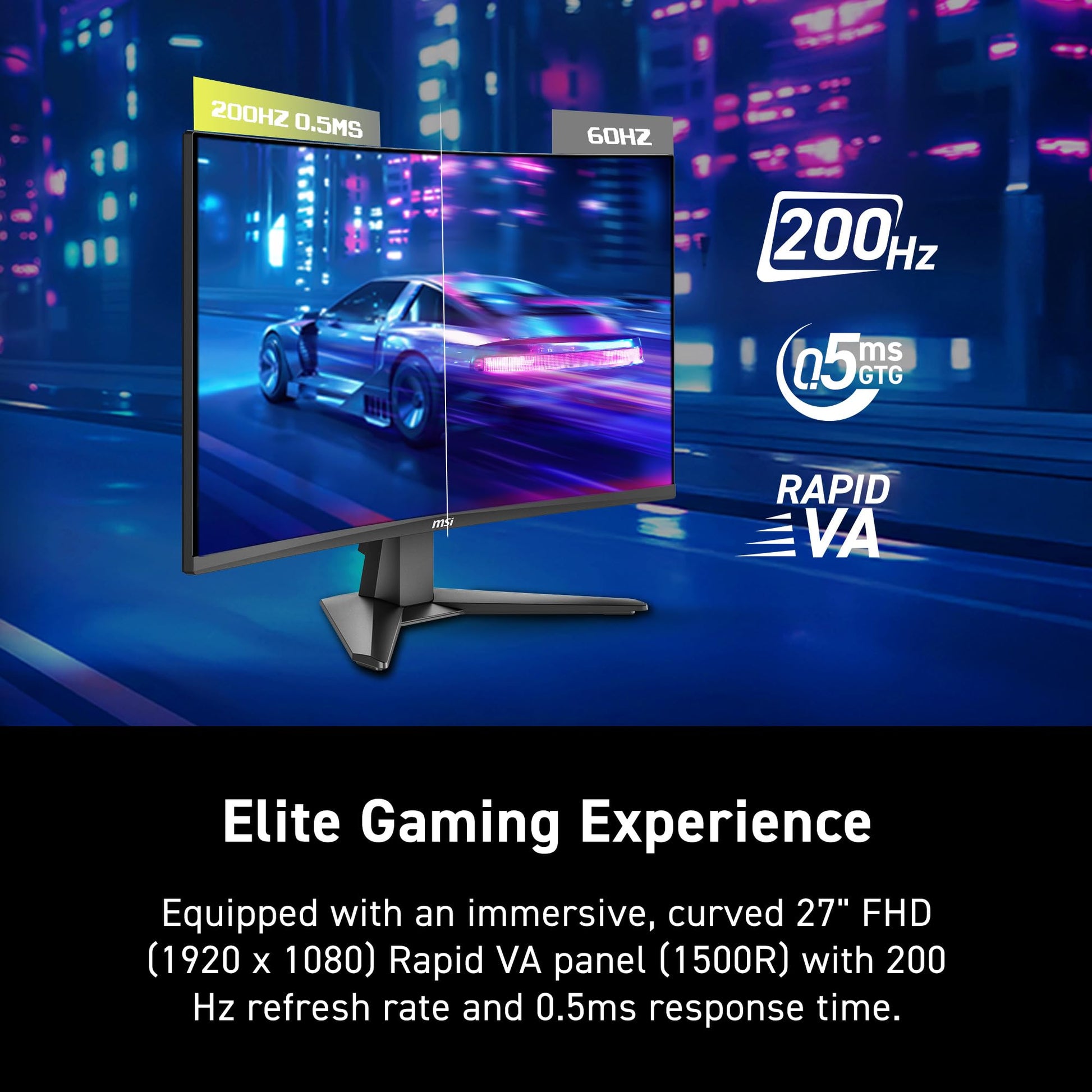 MSI mag 276CF E20 27-Inch 1920 x 1080 (FHD) Gaming Monitor, 200Hz, Adaptive-Synch, HDMI, DisplayPort, VESA Mountable, Tilt, Height Adjustable, Speaker, 0.5ms, Black