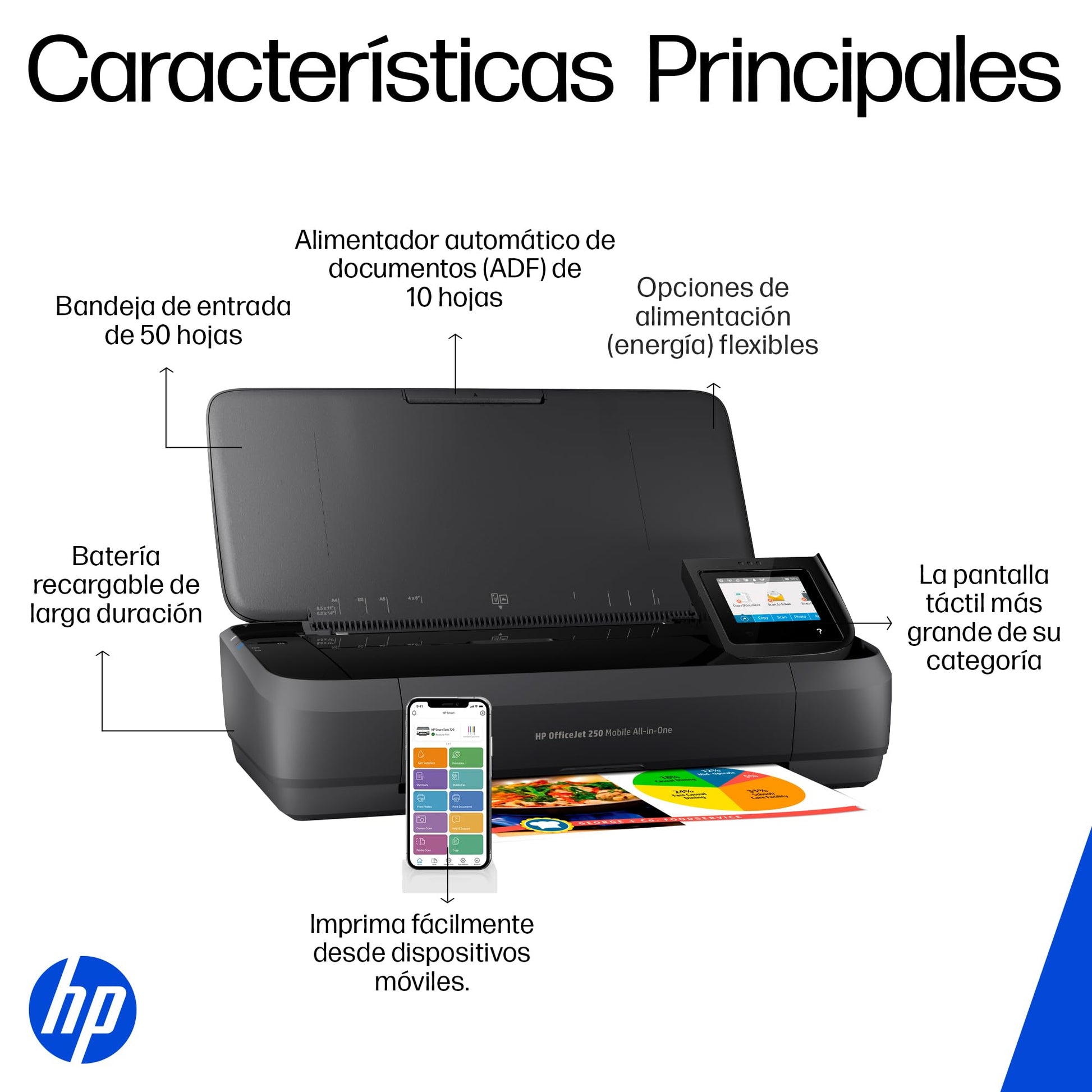 HP Impresora OfficeJet 250 Portátil, Todo-En-Uno, Color, Wi-Fi, Bluetooth, Smart App, Imprime, Copia y Escanea, Negro (CZ992A)