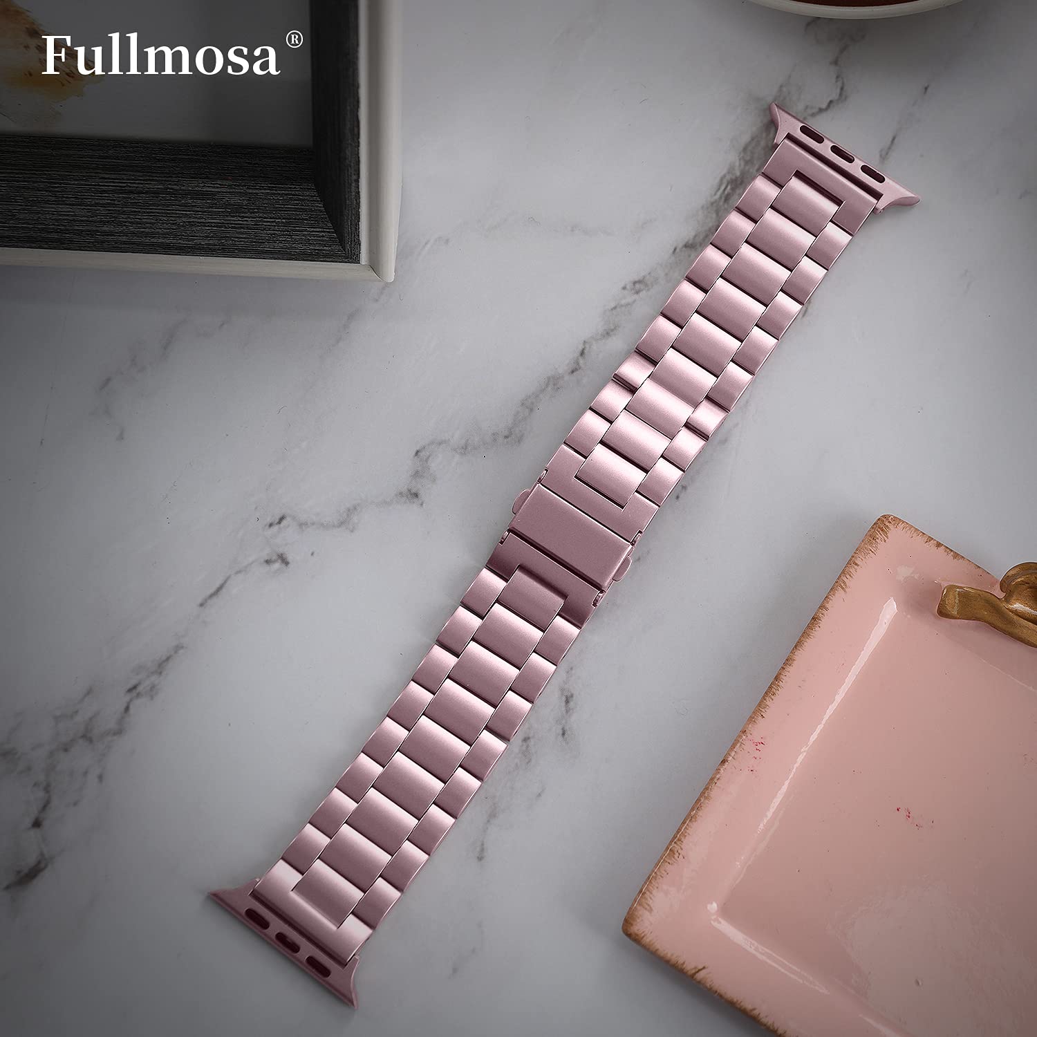 Fullmosa Correa Compatible Con Apple Watch 44mm 45mm 42mm,Pulsera Acero Inoxidable con Case Para iWatch SE/Series 9/8/7/6/5/4/3/2/1,44mm 45mm 42mm Rosa