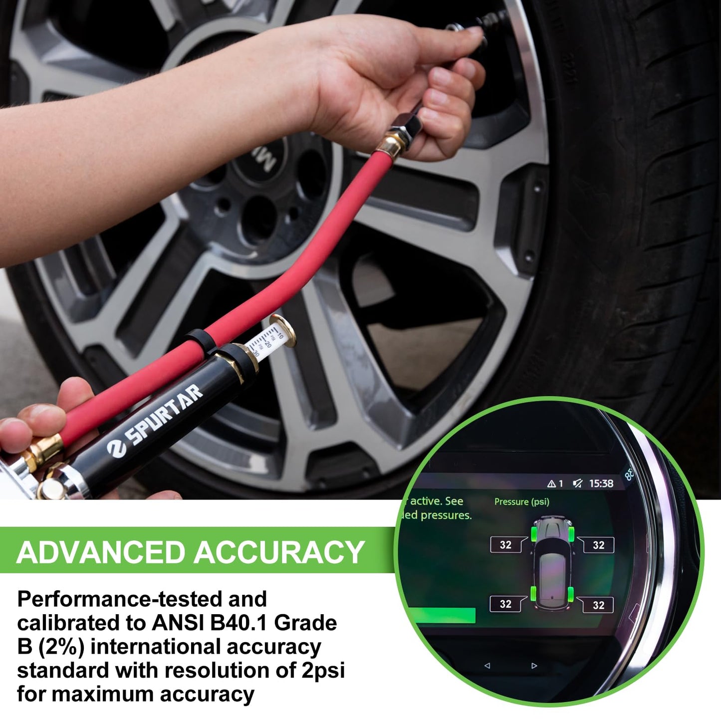 Medidor de Inflado de Neumáticos Spurtar 10-120 PSI Resistente con Herramienta de 4 Vías y Núcleos de Válvula para Automóviles