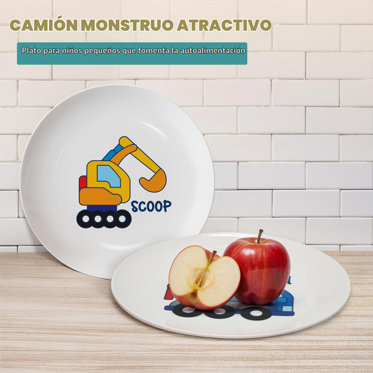 4E's Novelty - Juego de 4 platos de melamina para niños, juego de platos de construcción para niños pequeños, juego de vajilla de personaje de camión con diversión y alegría, sin BPA, vajilla de