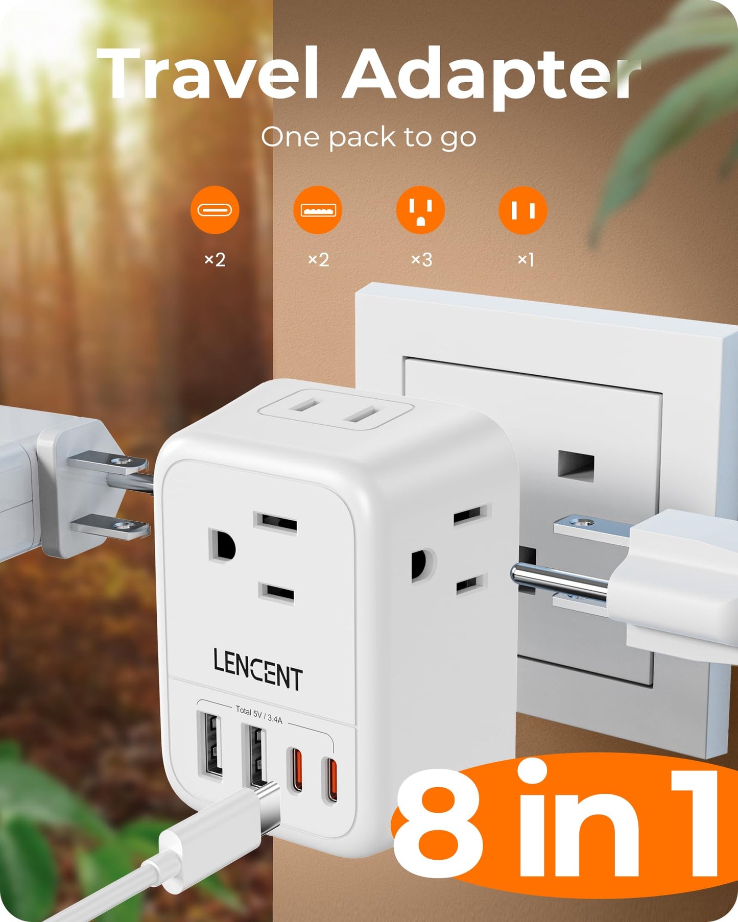 LENCENT Adaptador de Viaje Enchufe UK, Cargador con 4 Salidas CA y 4 Puertos USB (2 USB-C), Convertidor de Enchufe Americano a Inglés Tipo G con Toma de Tierra, para Reino Unido, Irlanda, Hong Kong