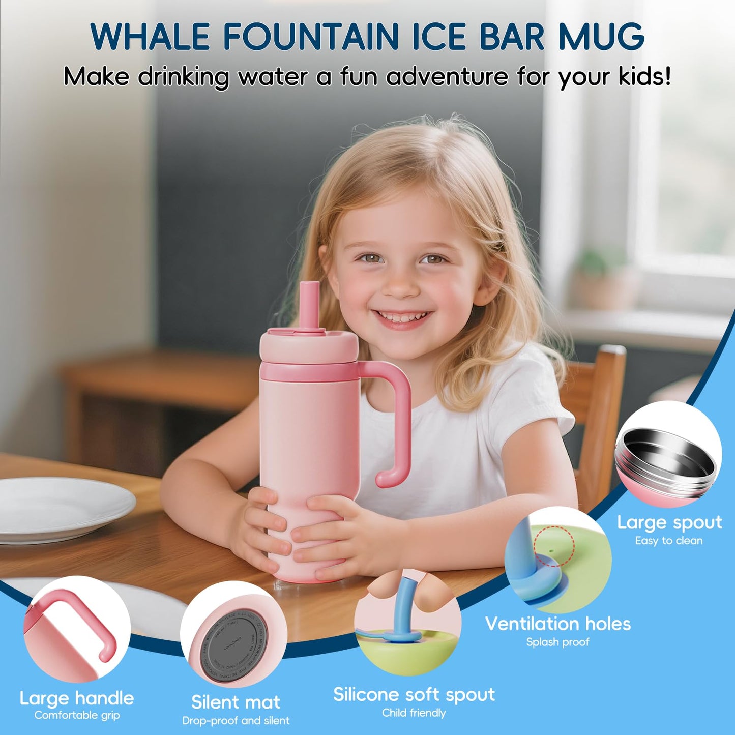RUNSUNTUN Taza de viaje con forma de ballena aislada, taza de 710 mililitros de acero inoxidable con asa, taza con pajita a prueba de fugas, modelo 2025 - Lavable. Adecuada para niños, adolescentes y