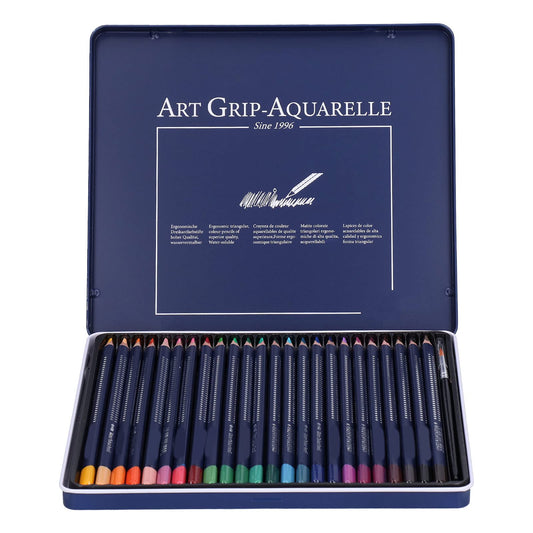 Lápices de Acuarela, Juego de Lápices de Colores Solubles en Agua, Lápices de Colores con Pintura de Troncos Triangulares Gruesos con Caja de Hierro(24 colores)