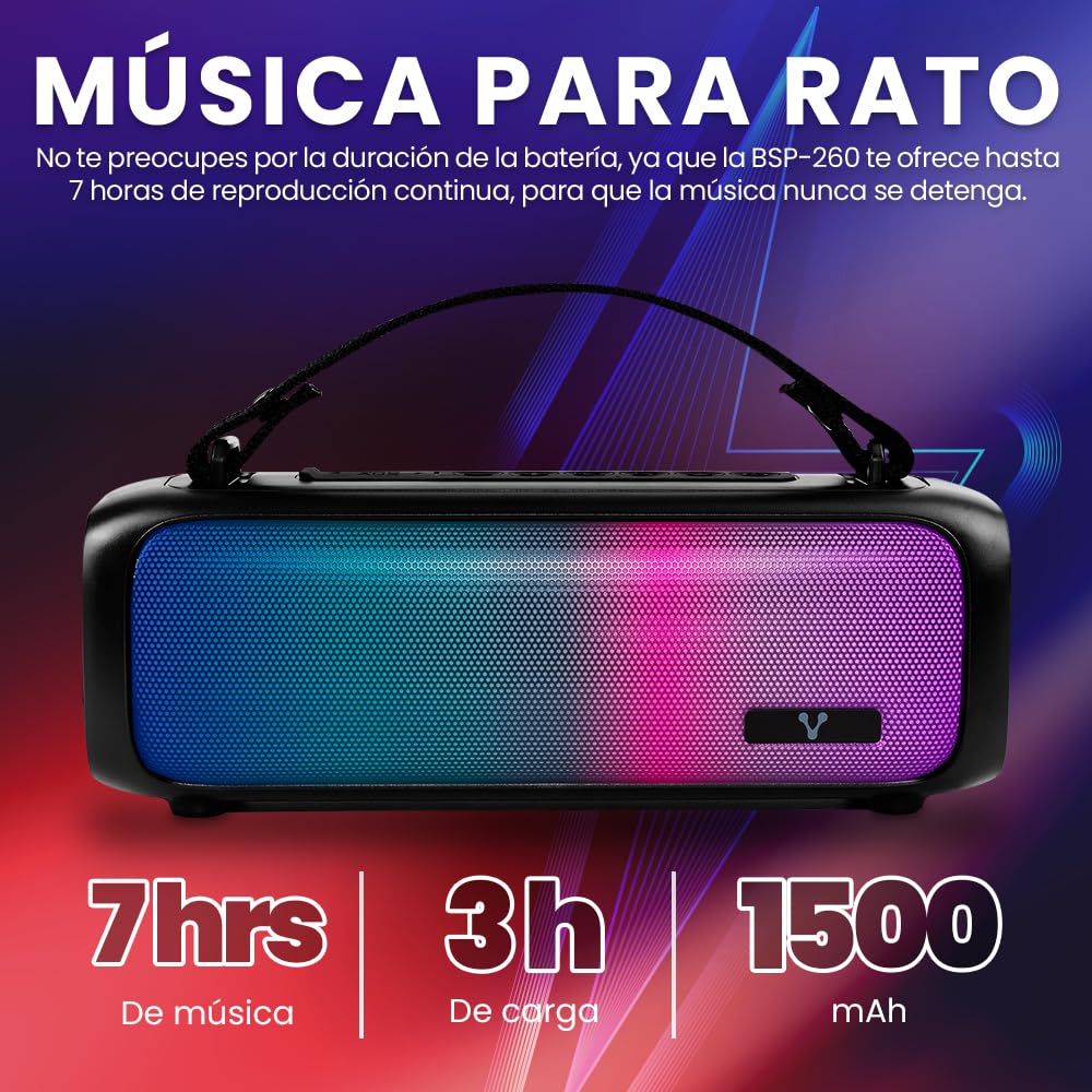 Bocina Bluetooth Vorago BSP-260 Negra con Luces RGB y Asa Portátil