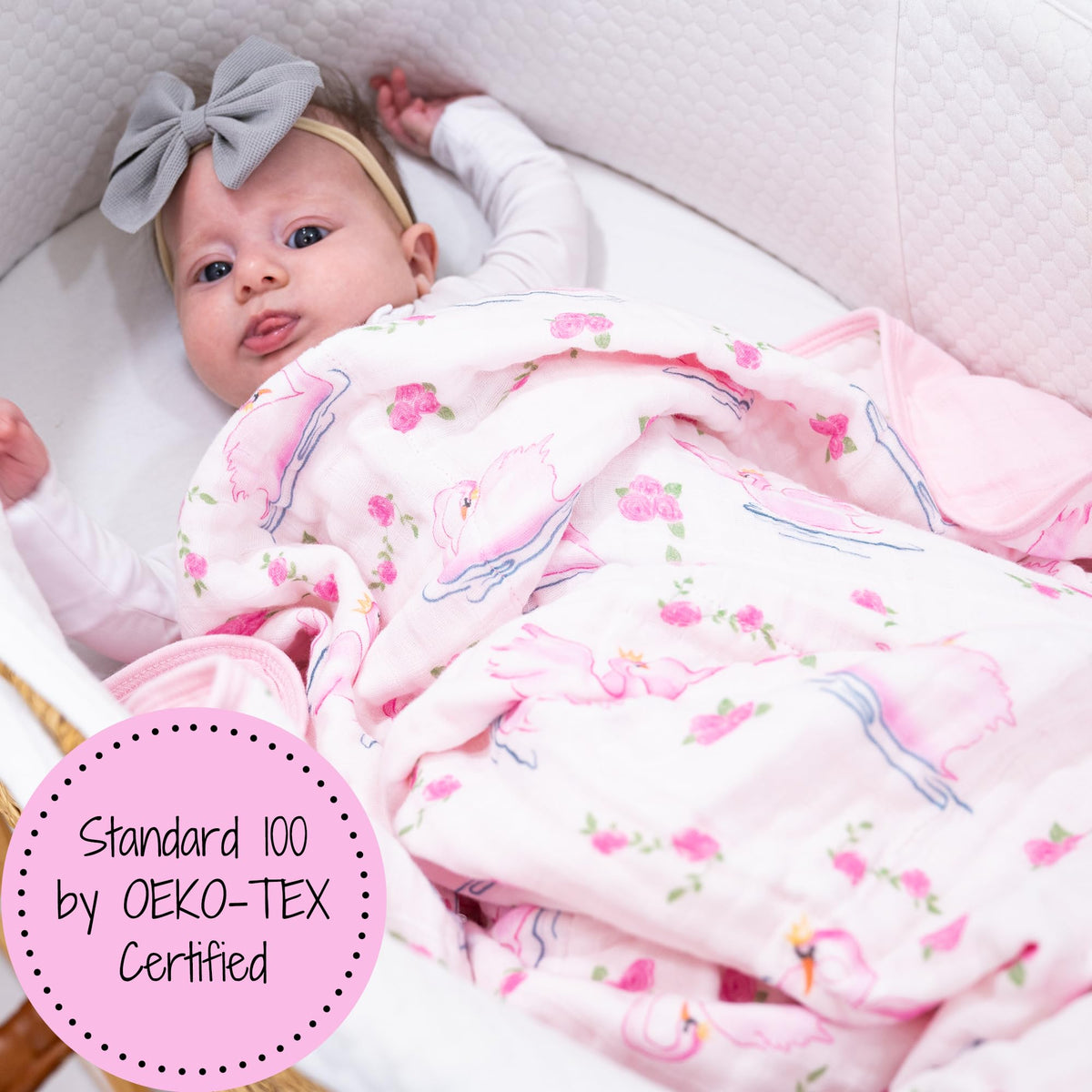 LollyBanks - Colcha de muselina para bebé, 6 capas, 100% algodón, 47 x 47 pulgadas, suave, ligera y transpirable para bebés y niños, manta acogedora para cuna para niñas, registro (estampado de cisne)