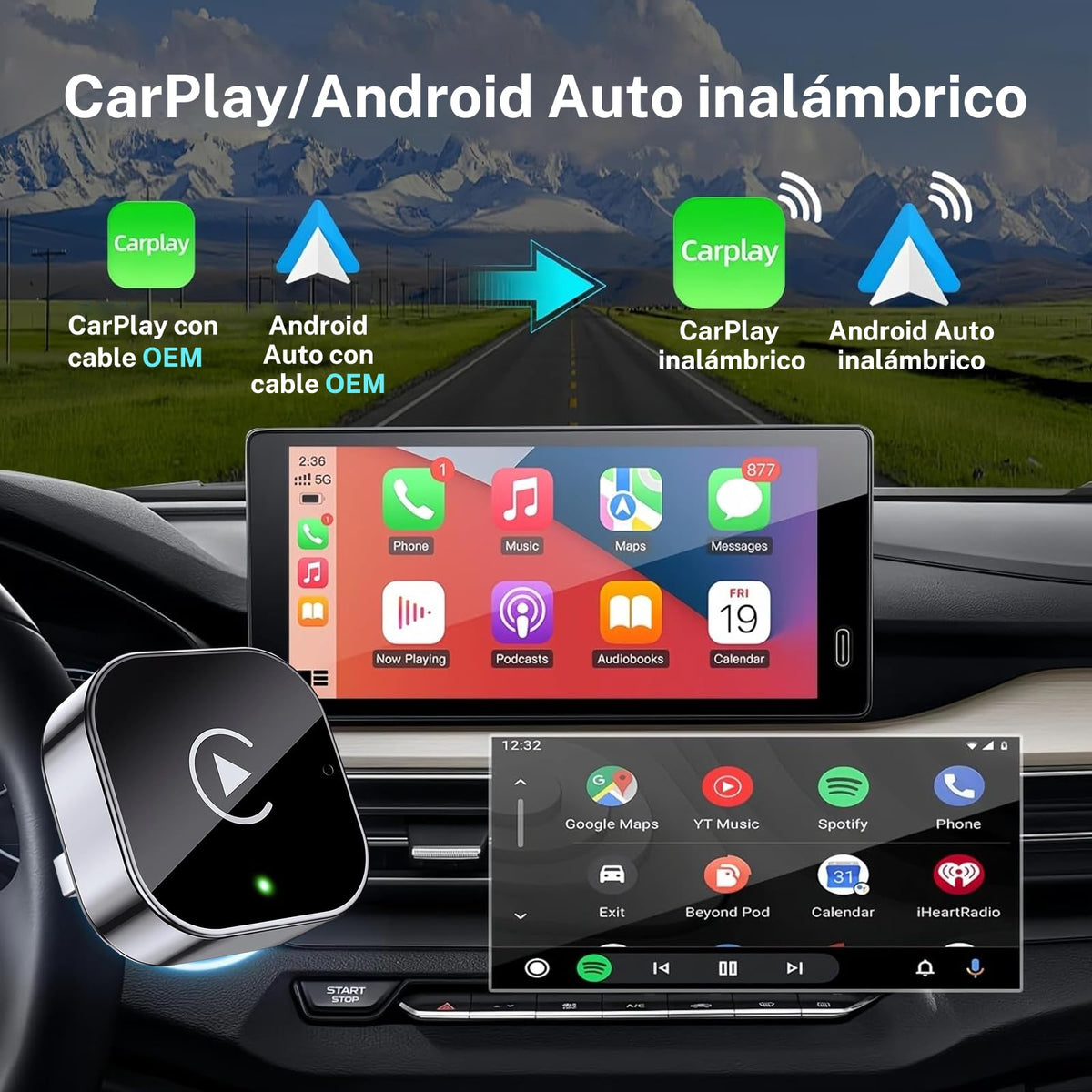 Adaptador Inalámbrico GOMITA Gris 2 en 1 para CarPlay y Android Auto