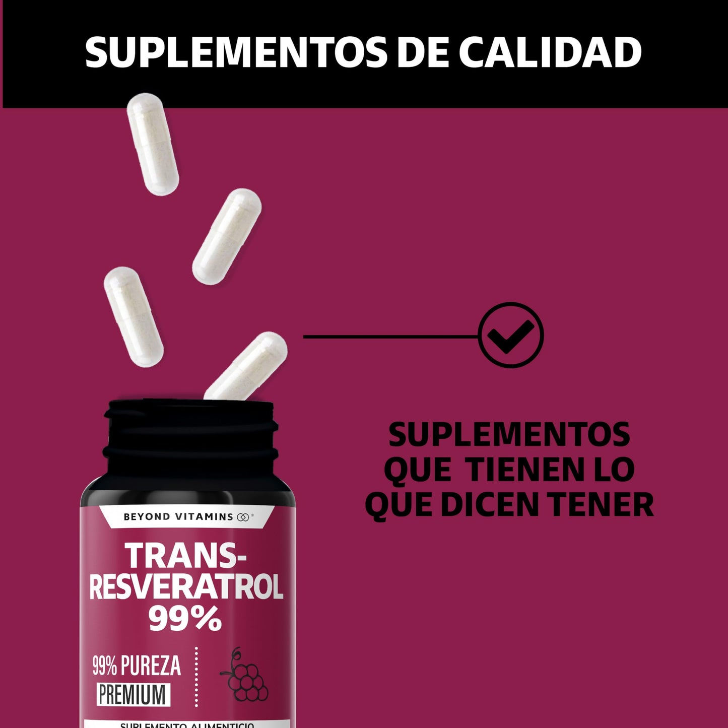 Cápsulas Veganas Beyond Vitamins Blanco Alta Concentración de Resveratrol Calidad Premium 2 Meses