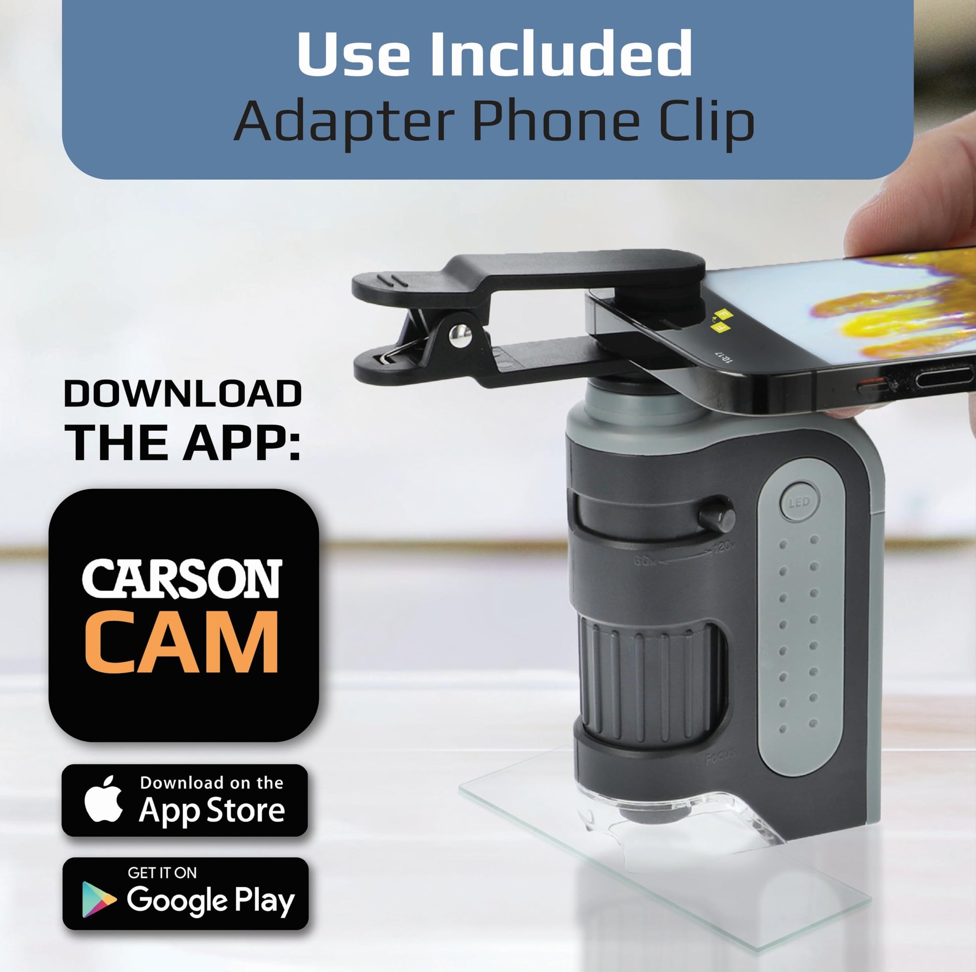 Carson MicroBrite Pro - Microscopio de Bolsillo con luz LED 60x-120x con Sistema de Lente asférica y Clip Digital para Smartphone (MM-350)