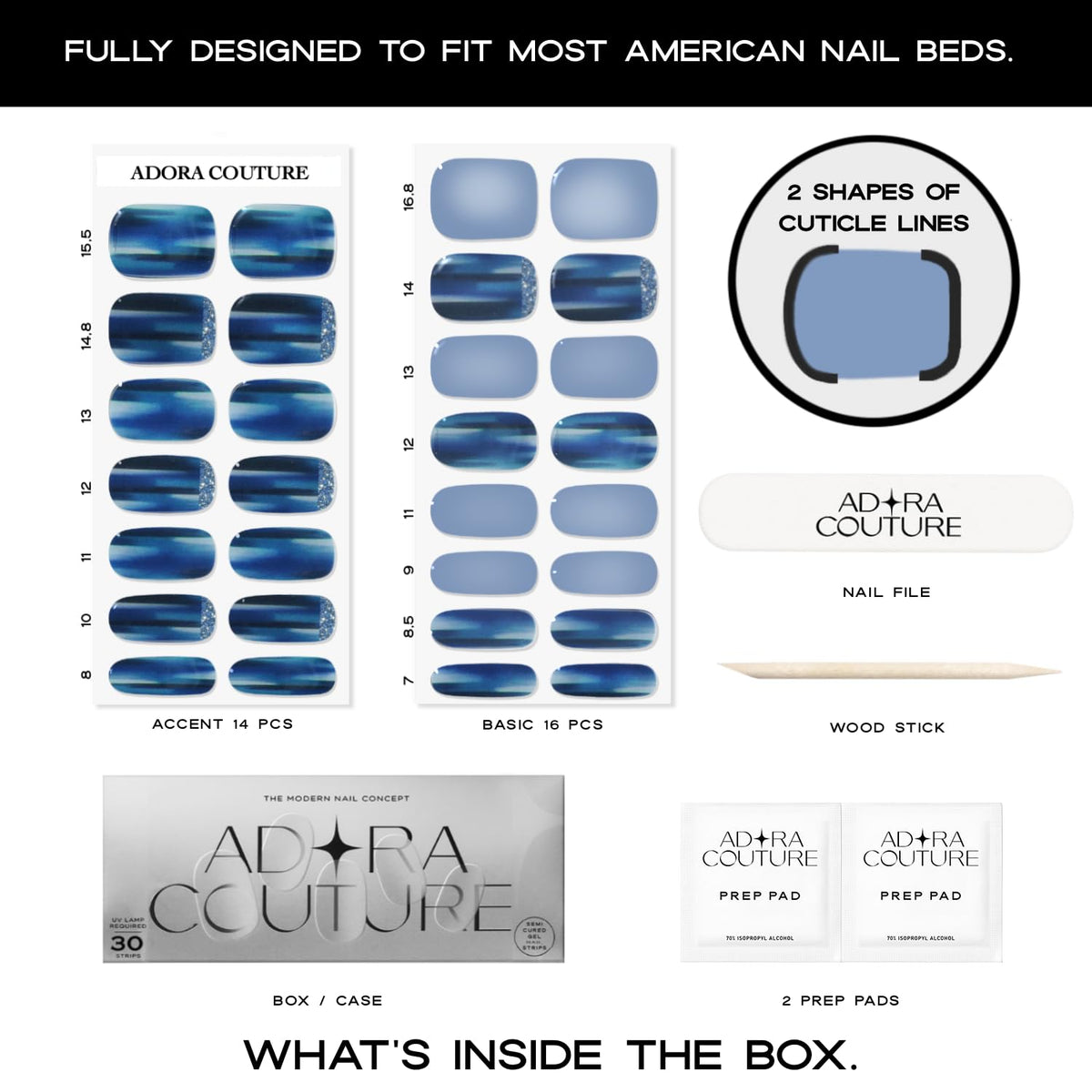 Tiras de Uñas de Gel Adora Couture Azul Brillante con Purpurina para Mujer
