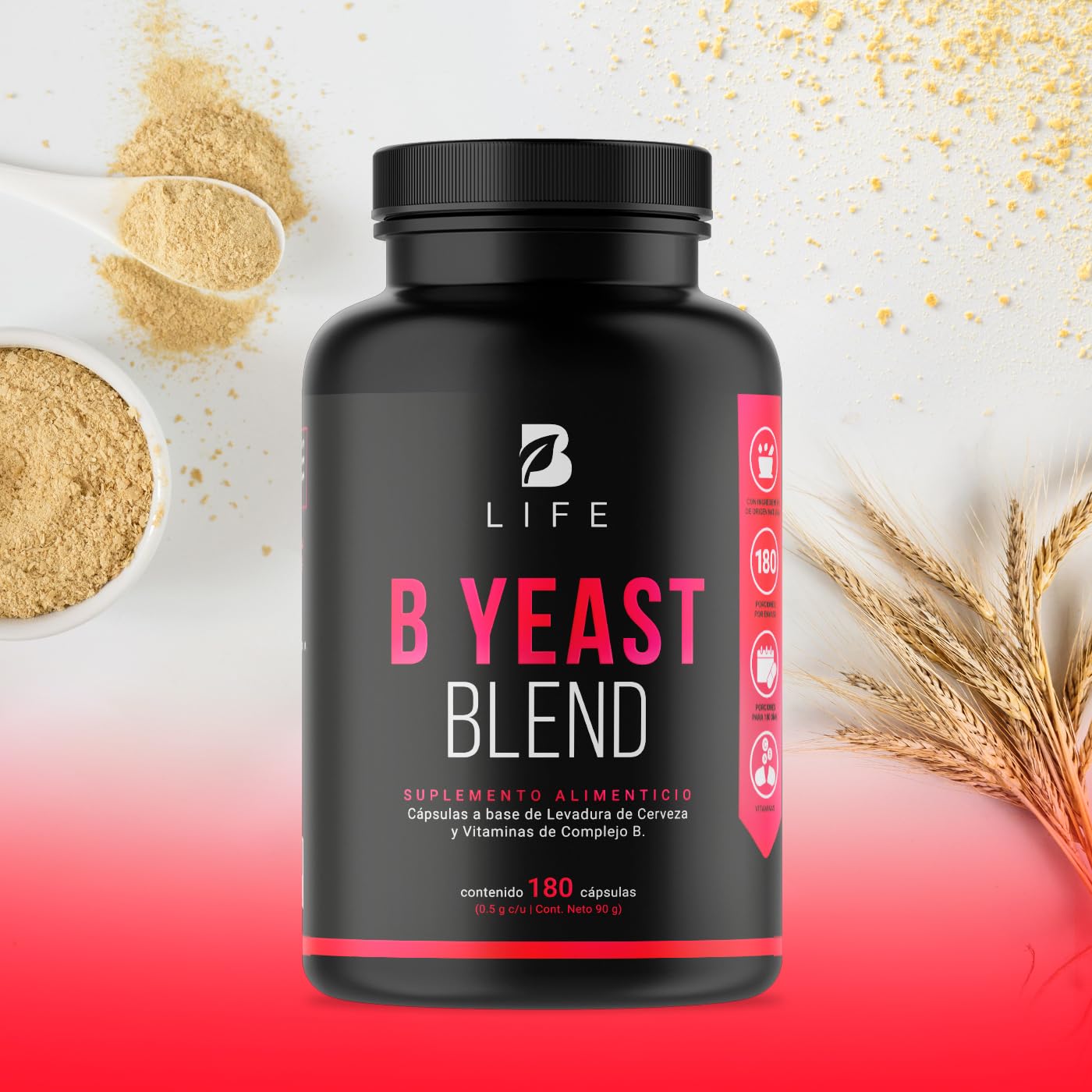 B Life Company Complejo B. Levadura de Cerveza y Vitaminas B1, B2, B3, B5, B6, B12. Ingredientes Naturales con 180 cápsulas de 500 mg. B Yeast Blend