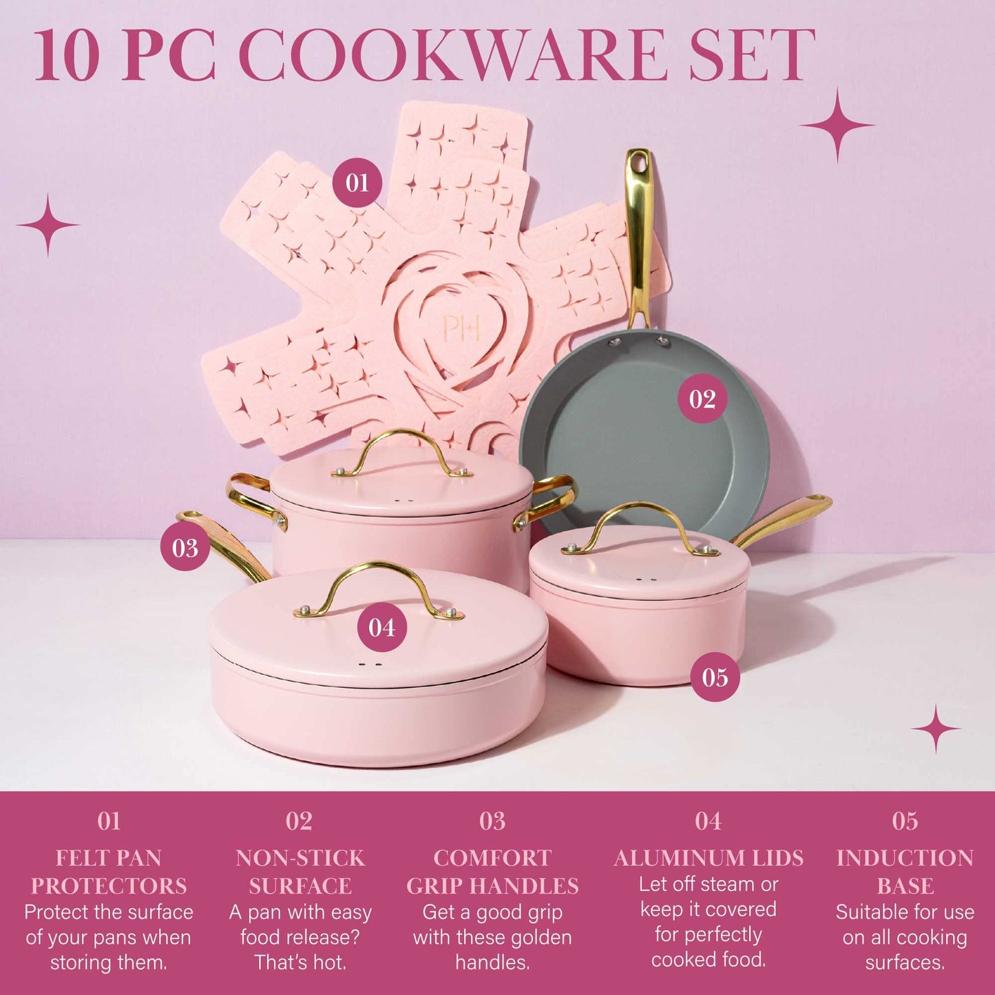 Juego de Utensilios de Cocina Paris Hilton Rosa con Tapa Sólida y Asas Doradas, 10 Piezas