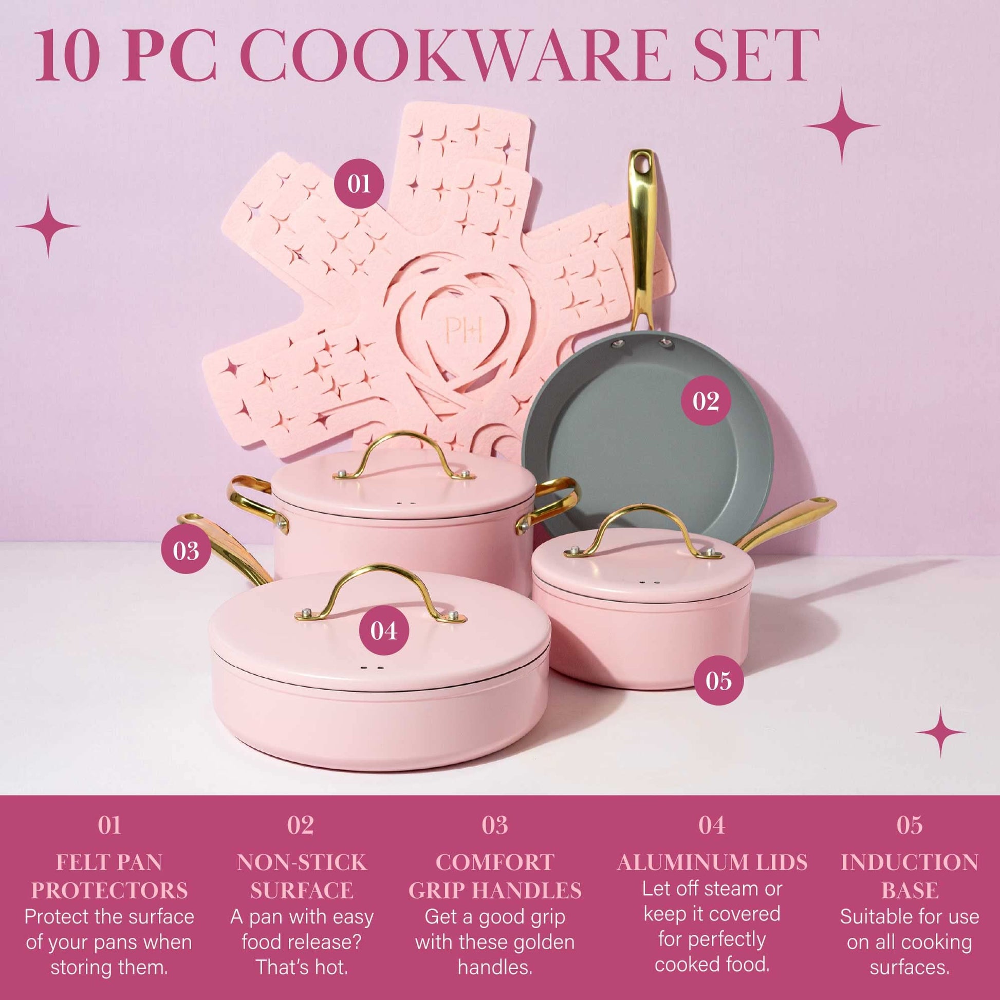 Juego de Utensilios de Cocina Paris Hilton Rosa con Tapa Sólida y Asas Doradas, 10 Piezas