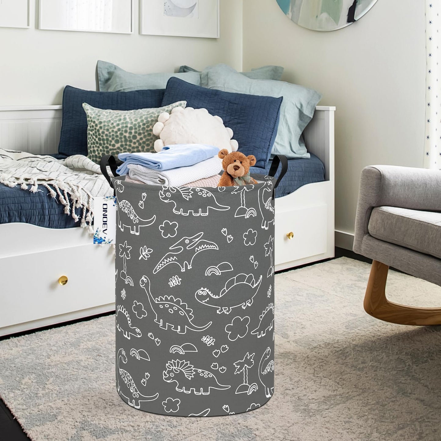 ONOEV - Cestas redondas impermeables de dinosaurios para ropa sucia, cesta de regalo, organizador de juguetes para niños, bolsa de decoración de habitación (dinosaurio de línea gris)