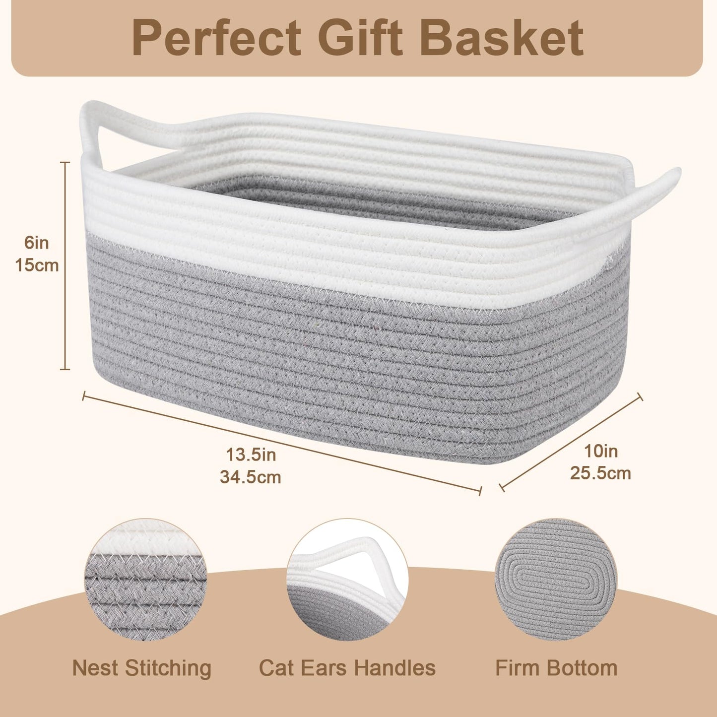 OIAHOMY Cesta tejida pequeña con bolsas de regalo y cintas, cesta de regalo vacía para bebé, cesta de almacenamiento con asas para orejas de gato para estante, sala de estar, baño, cesta de juguetes