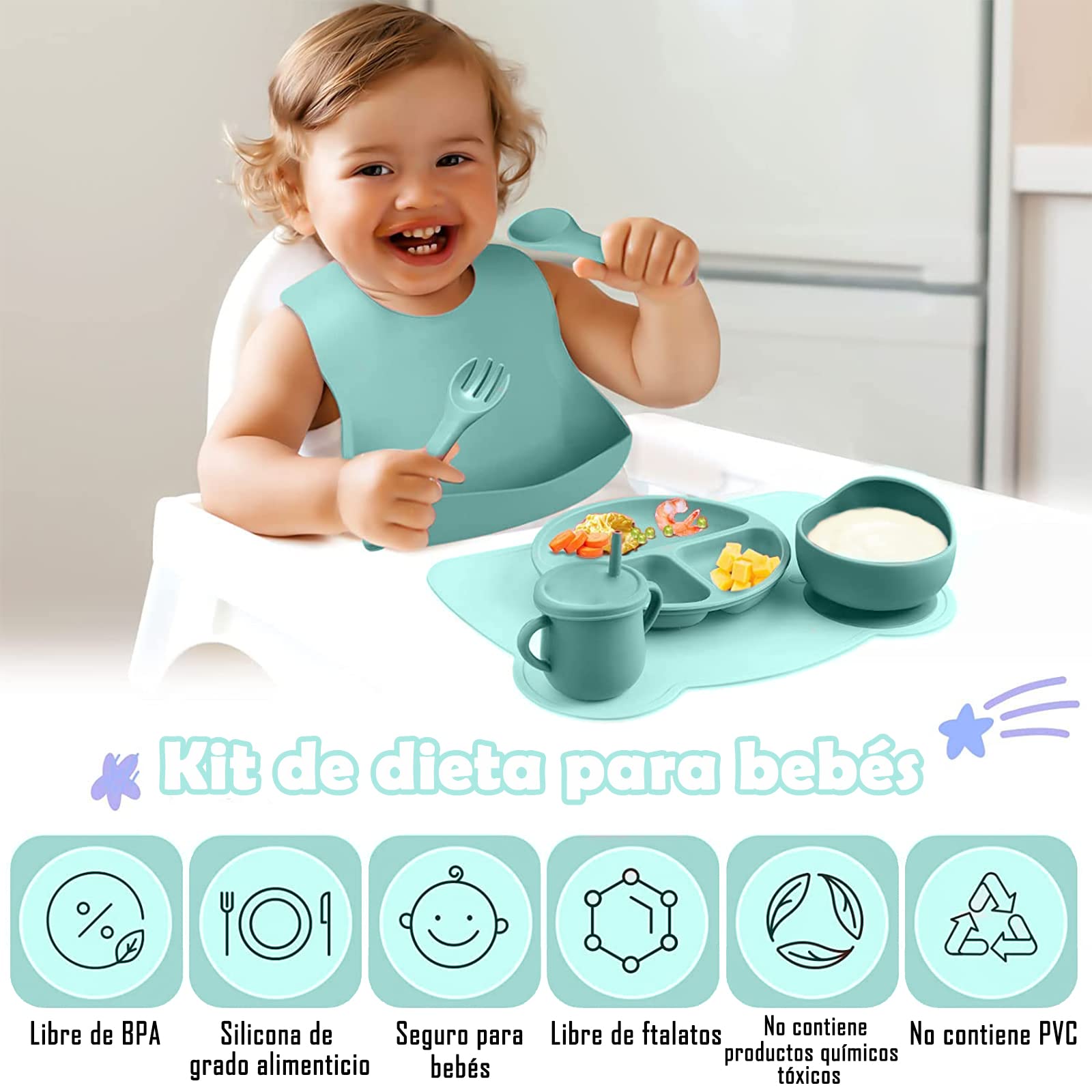 Set de Platos de Silicón para Bebé Verde Antivuelco Sin BPA