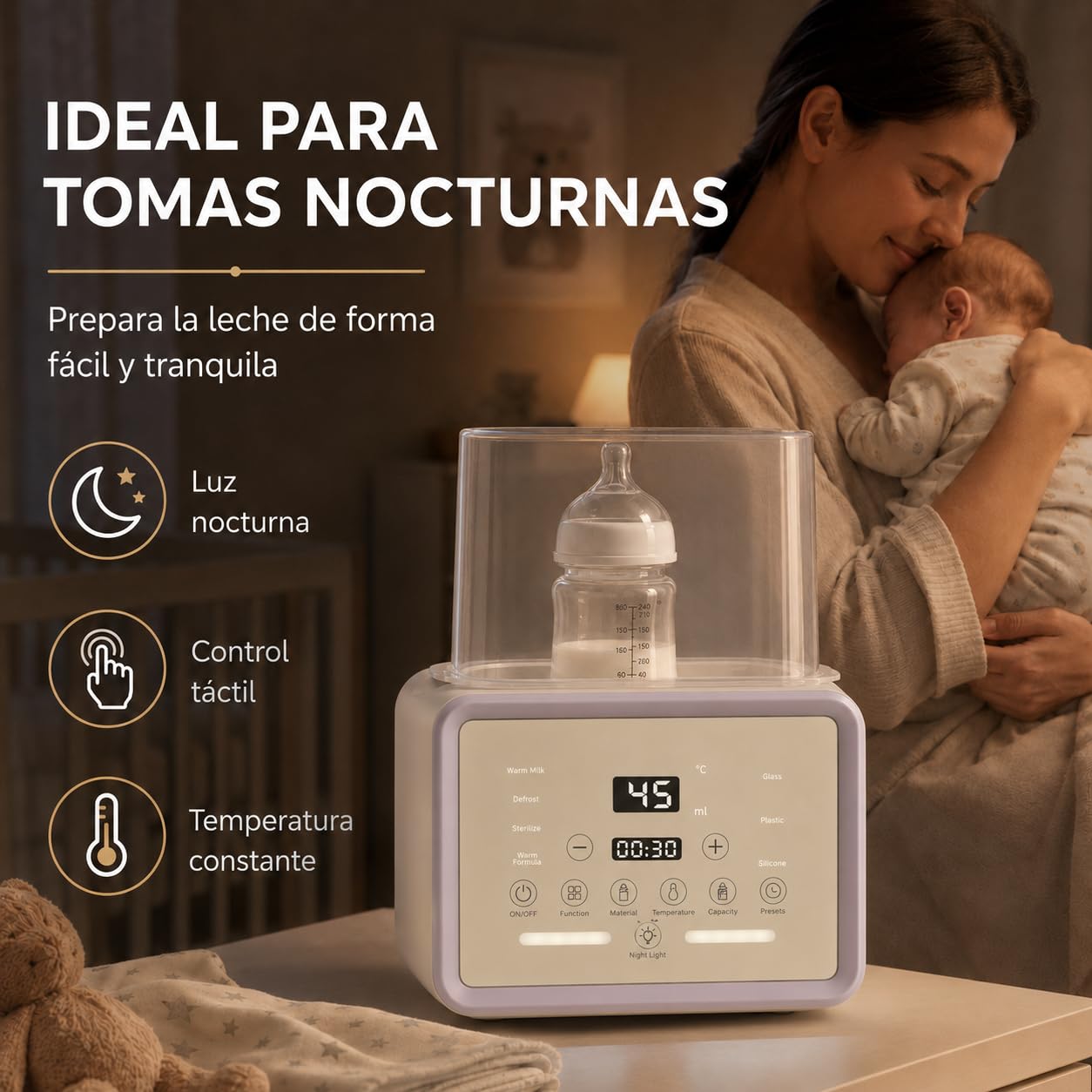 Esterilizador y Calentador de Biberones 6 en 1, Secador de Vapor para Bebé, Capacidad 2 Mamaderas, Pantalla LED Táctil, Control Preciso de Temperatura, Descongelación, Secado, Mantener Calor