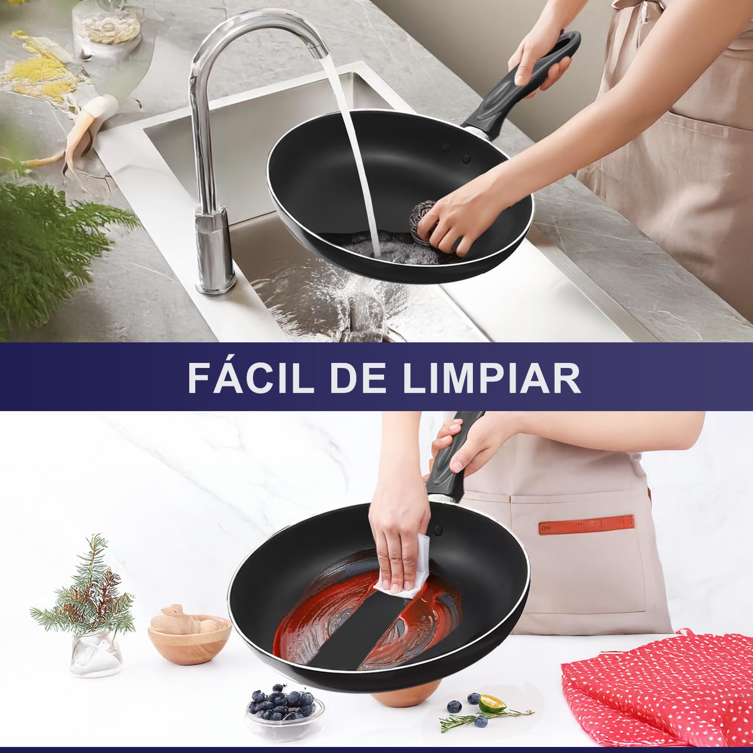 LINGLUCKY Sartenes Antiadherentes con Tapa,Bateria de Cocina, Juego de ollas y sarten 23 Piezas con Sartén, Cazos,Ollas,Cuchillos y Espátula,Juego de Utensilios de Cocina de Color,Negro