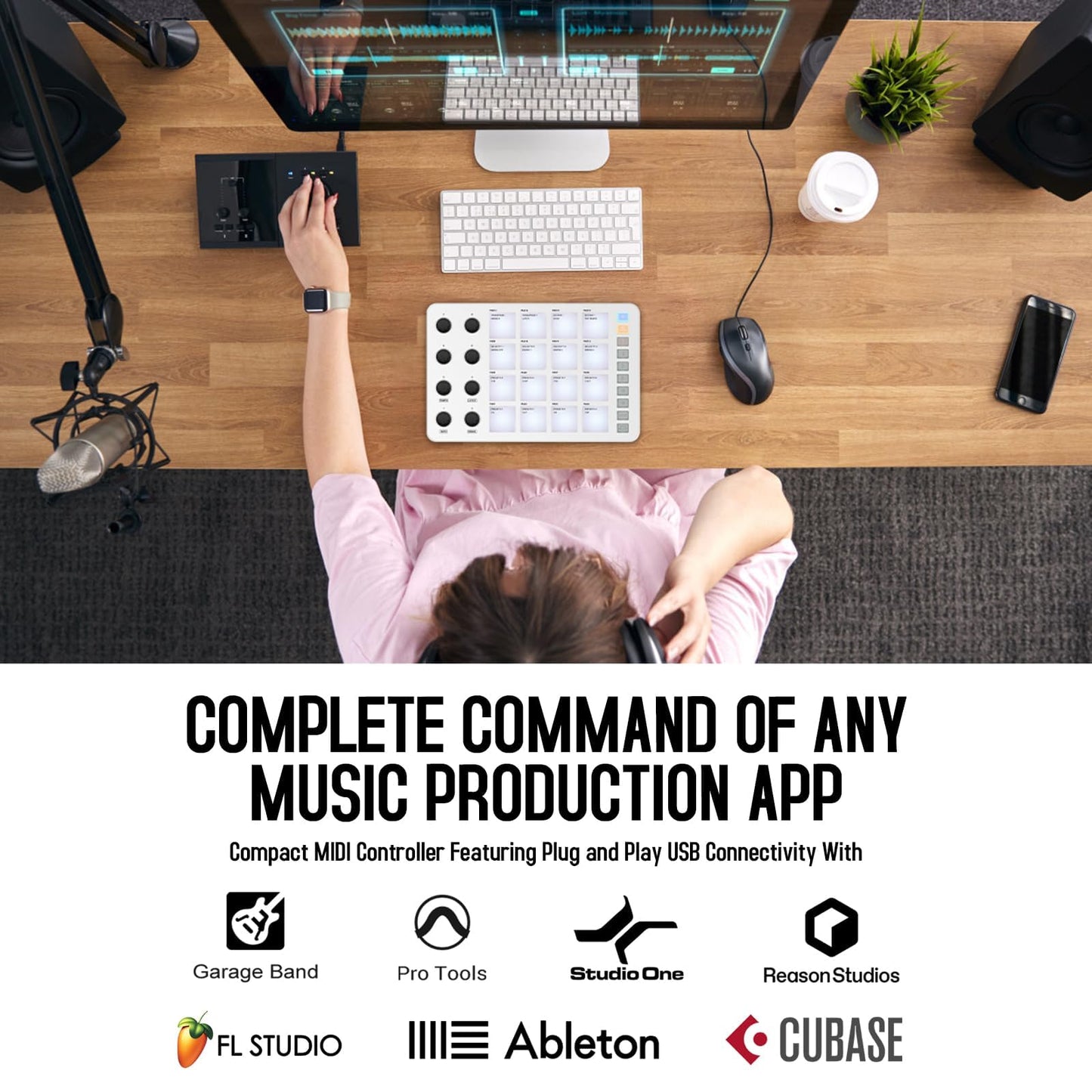 Controlador MIDI Pad Uzelia Negro Creador de Ritmos Portátil con 16 Beat Pads Retroiluminados RGB y 8 Perillas Asignables para Mac, iOS y Android